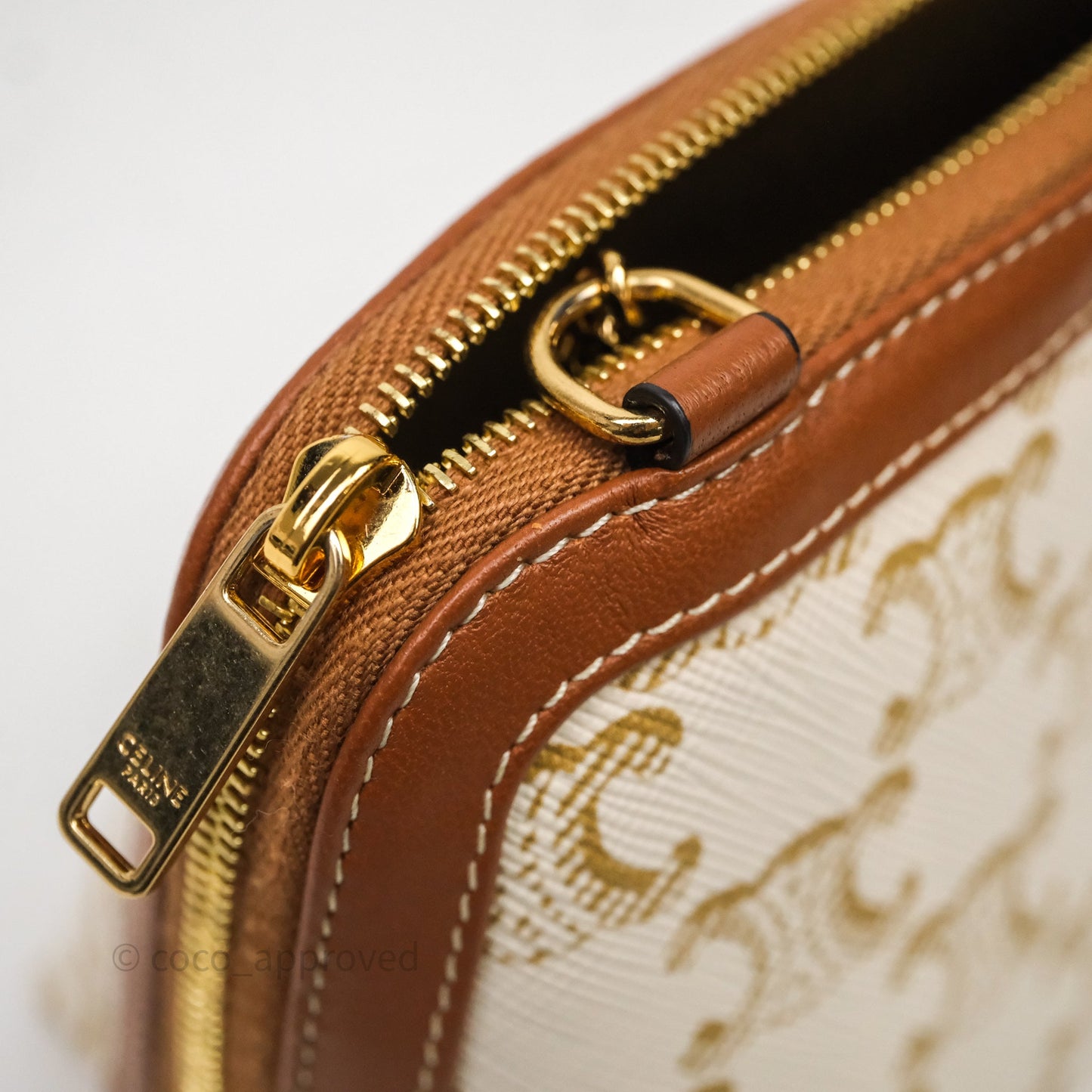 Celine Clutch With Chain Triomphe Canvas Lambskin White/Tan