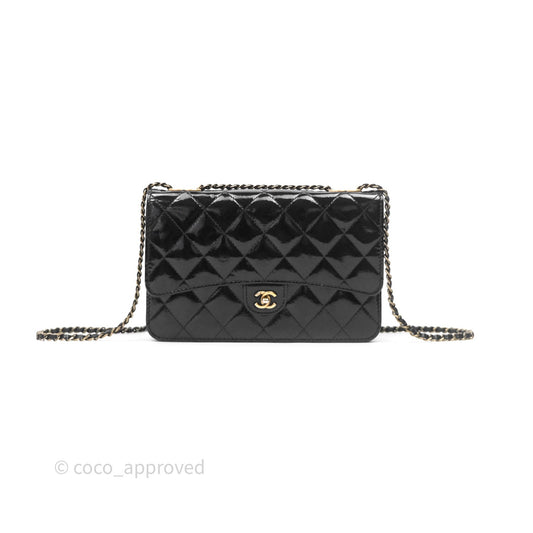 Chanel Quilted CC Logo Wallet On Chain Black Shiny Crumpled Calfskin Aged Gold Hardware
