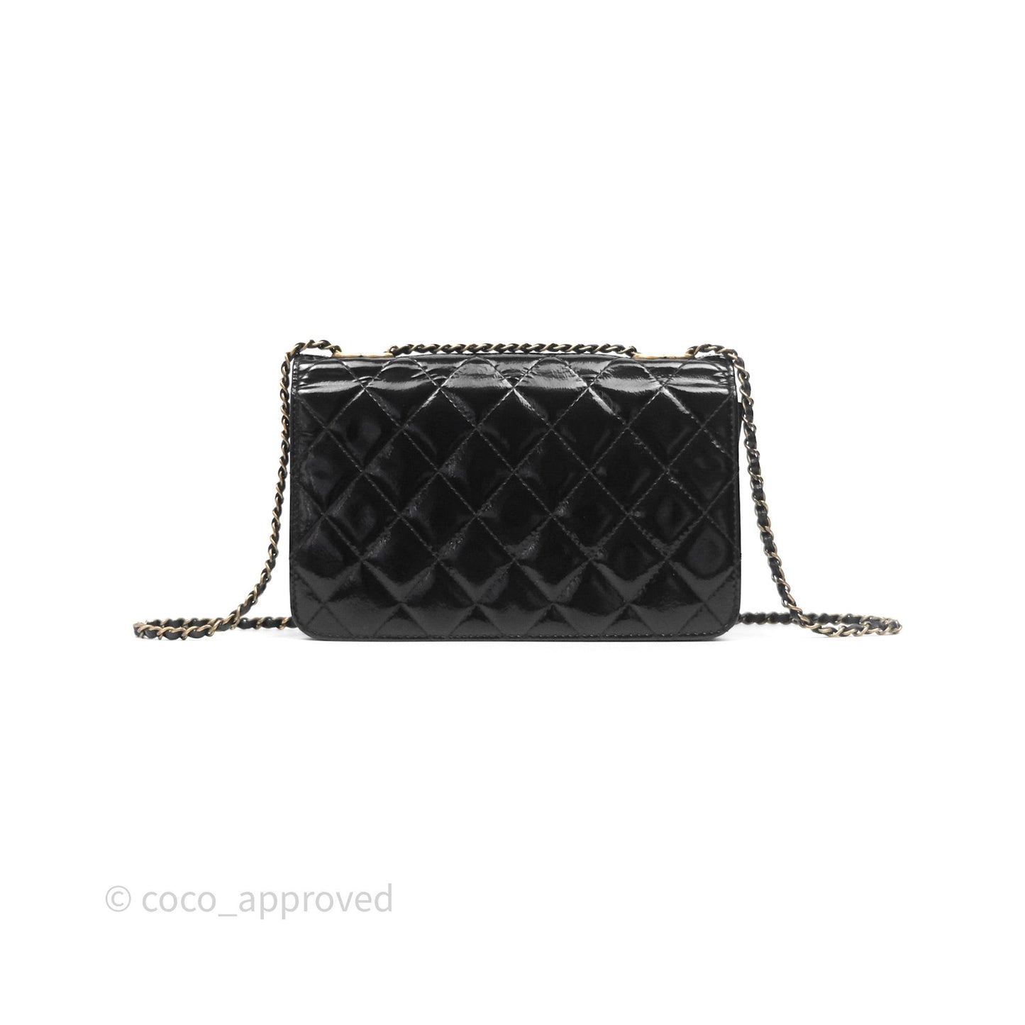 Chanel Quilted CC Logo Wallet On Chain Black Shiny Crumpled Calfskin Aged Gold Hardware