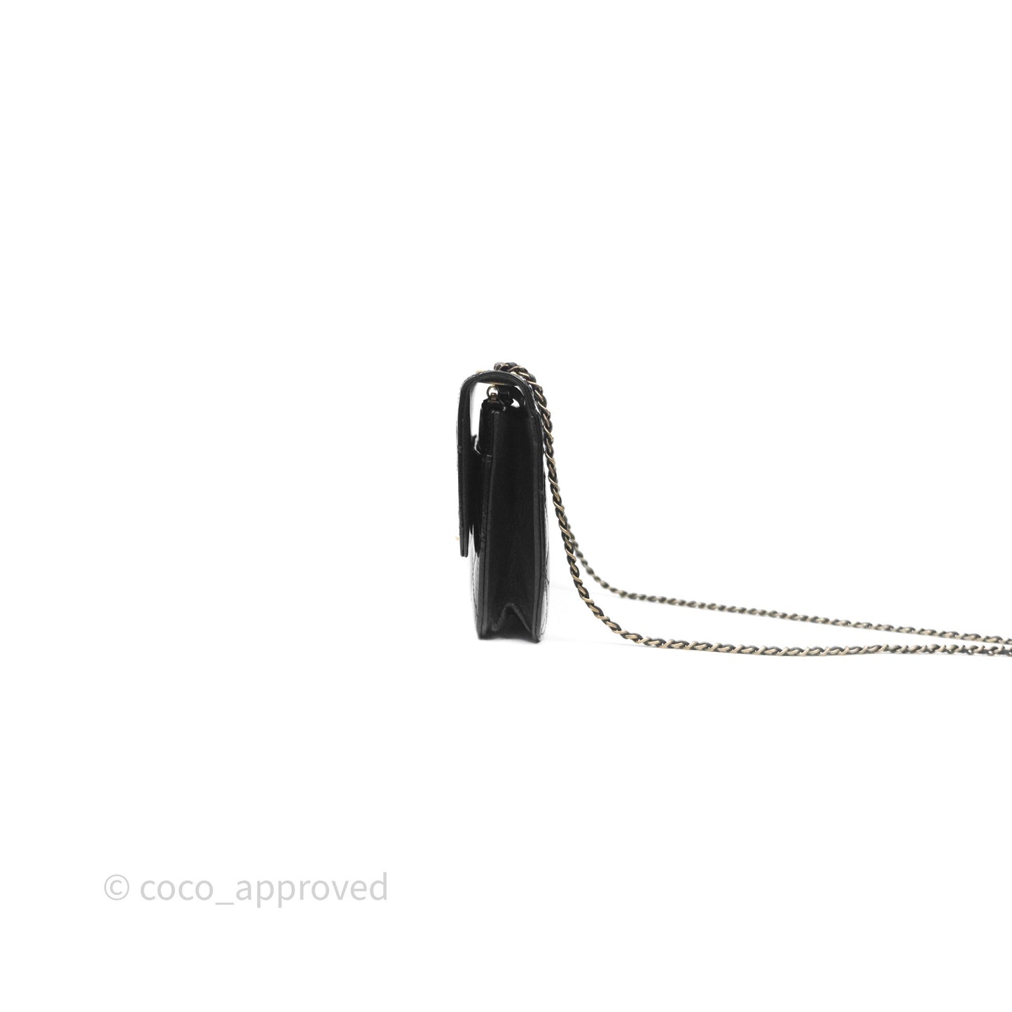 Chanel Quilted CC Logo Wallet On Chain Black Shiny Crumpled Calfskin Aged Gold Hardware
