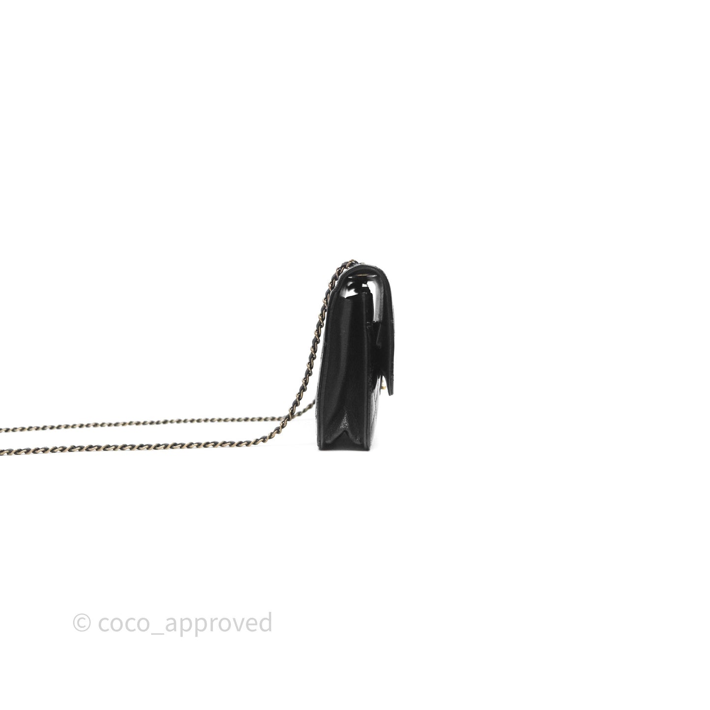 Chanel Quilted CC Logo Wallet On Chain Black Shiny Crumpled Calfskin Aged Gold Hardware