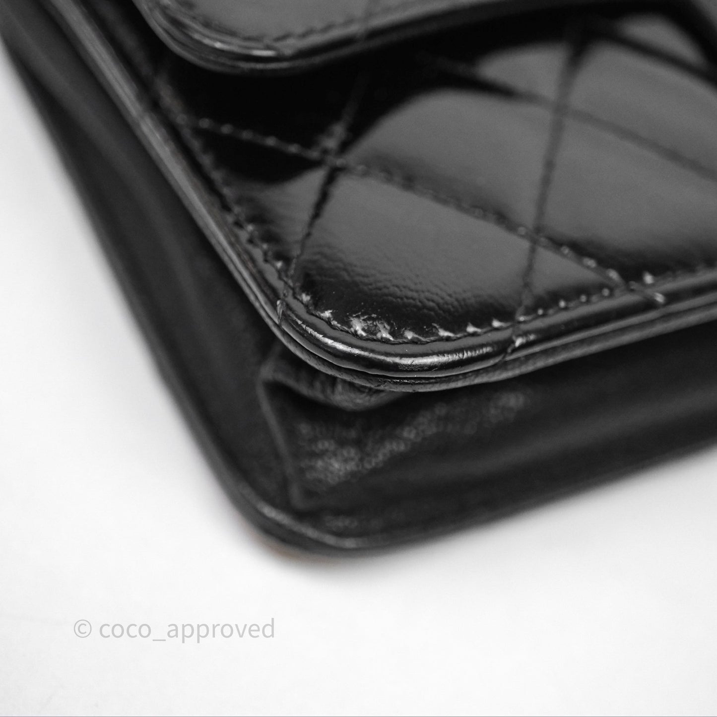 Chanel Quilted CC Logo Wallet On Chain Black Shiny Crumpled Calfskin Aged Gold Hardware