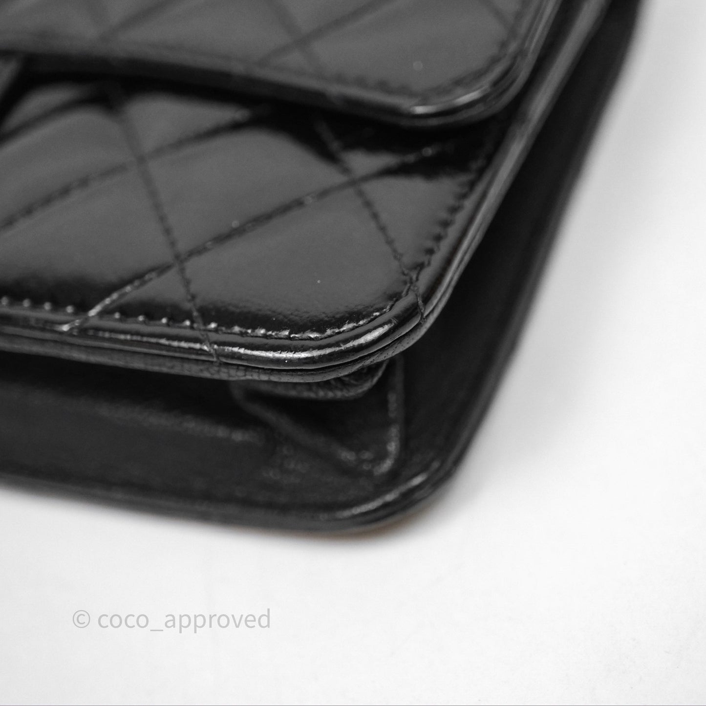 Chanel Quilted CC Logo Wallet On Chain Black Shiny Crumpled Calfskin Aged Gold Hardware