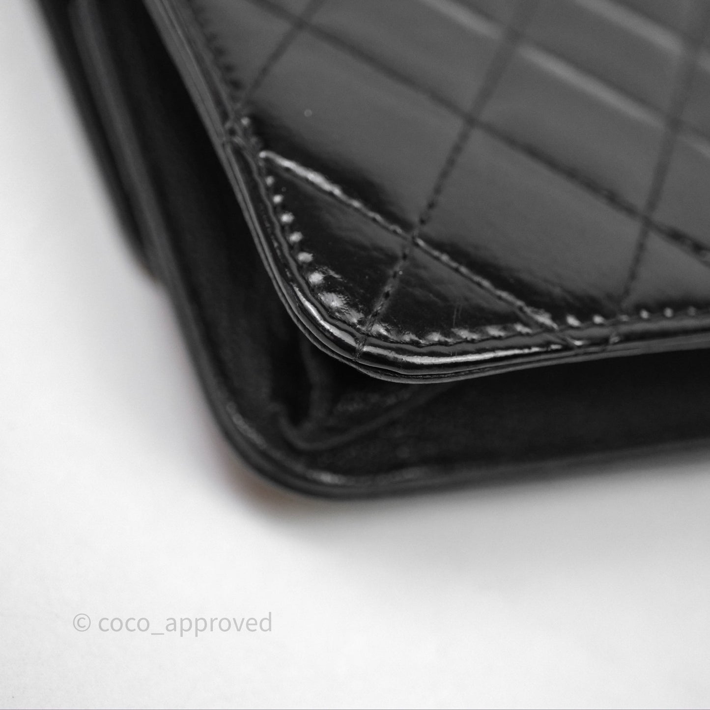 Chanel Quilted CC Logo Wallet On Chain Black Shiny Crumpled Calfskin Aged Gold Hardware