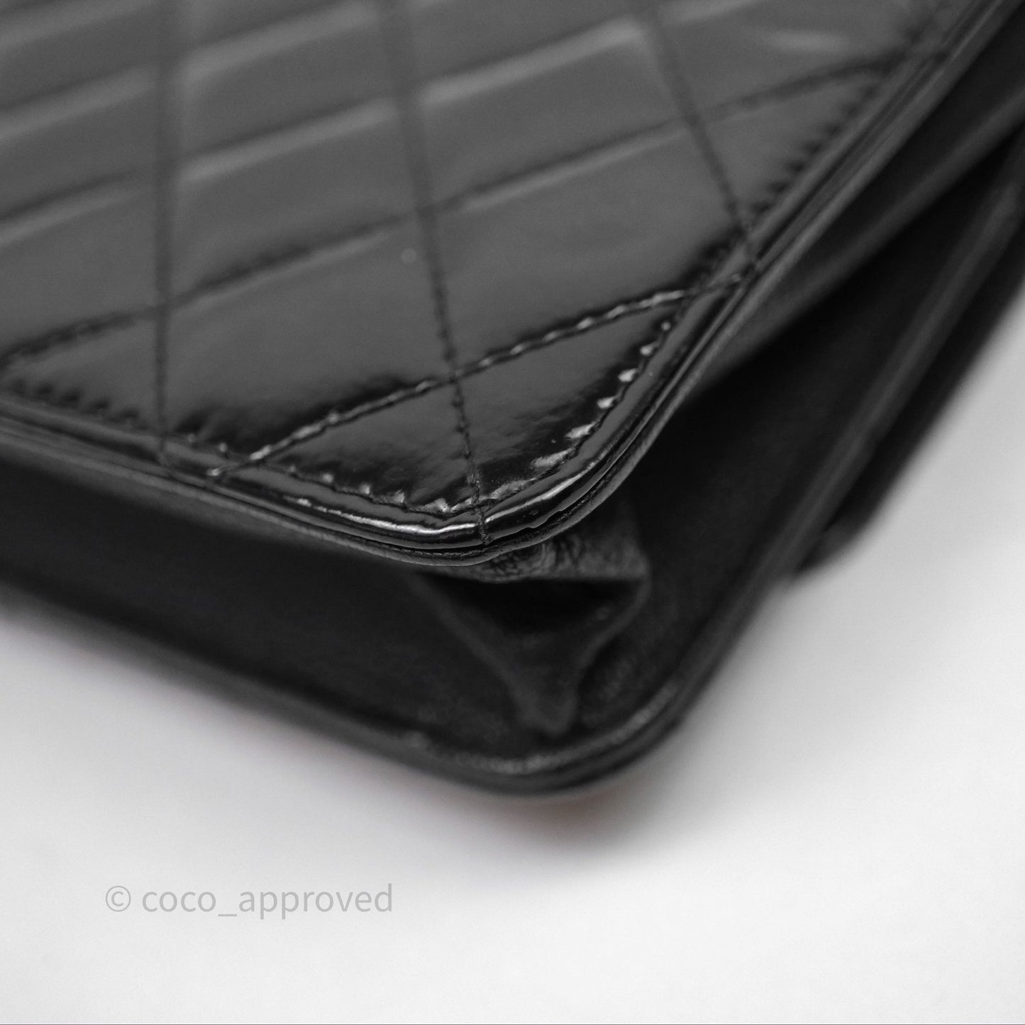 Chanel Quilted CC Logo Wallet On Chain Black Shiny Crumpled Calfskin Aged Gold Hardware