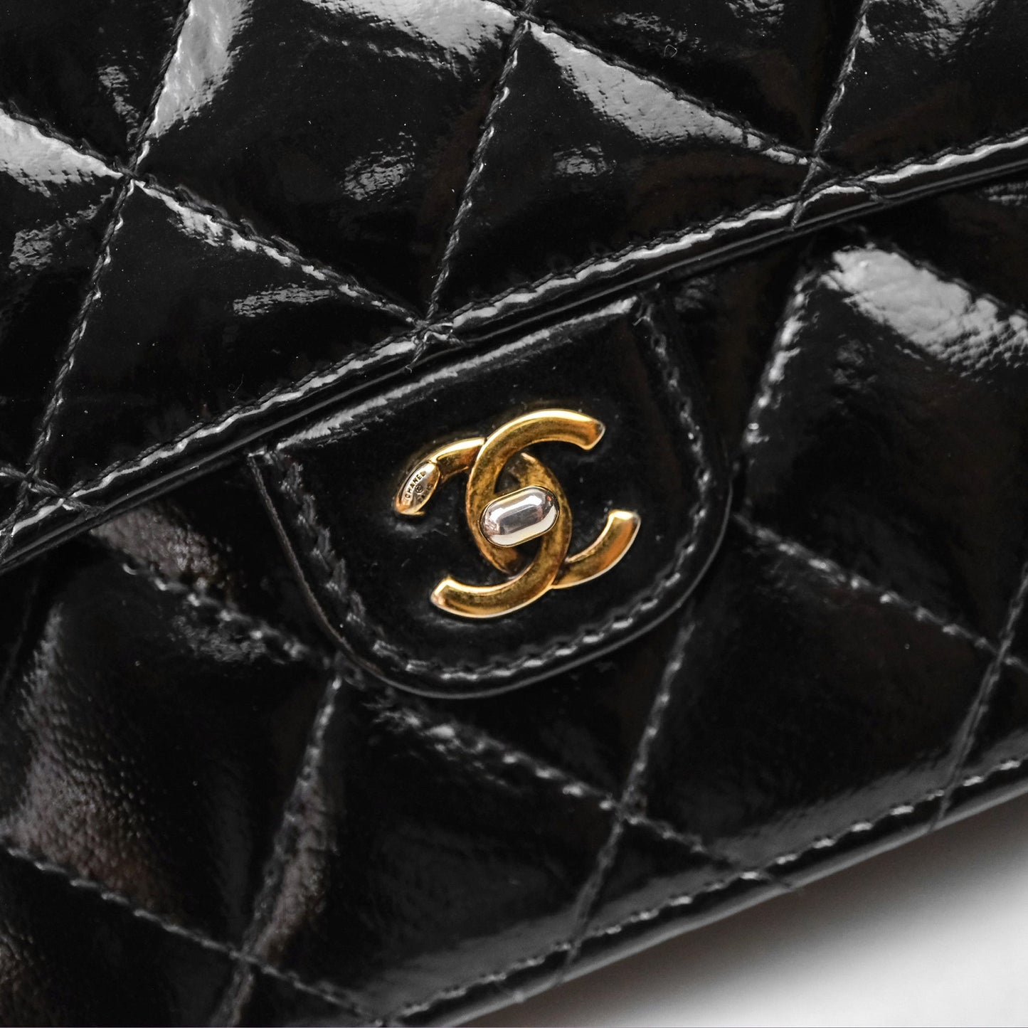 Chanel Quilted CC Logo Wallet On Chain Black Shiny Crumpled Calfskin Aged Gold Hardware