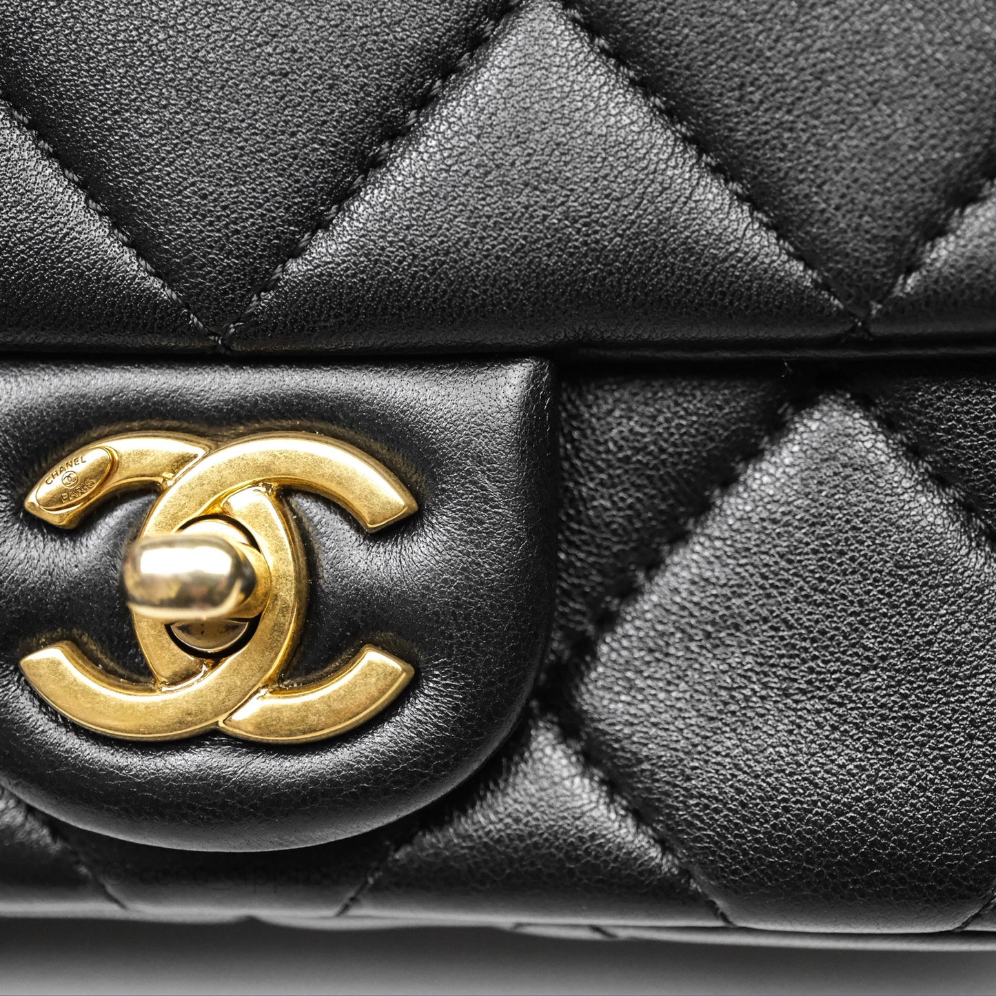 Chanel Mini Flap Bag With Pearl Black Lambskin Aged Gold Hardware