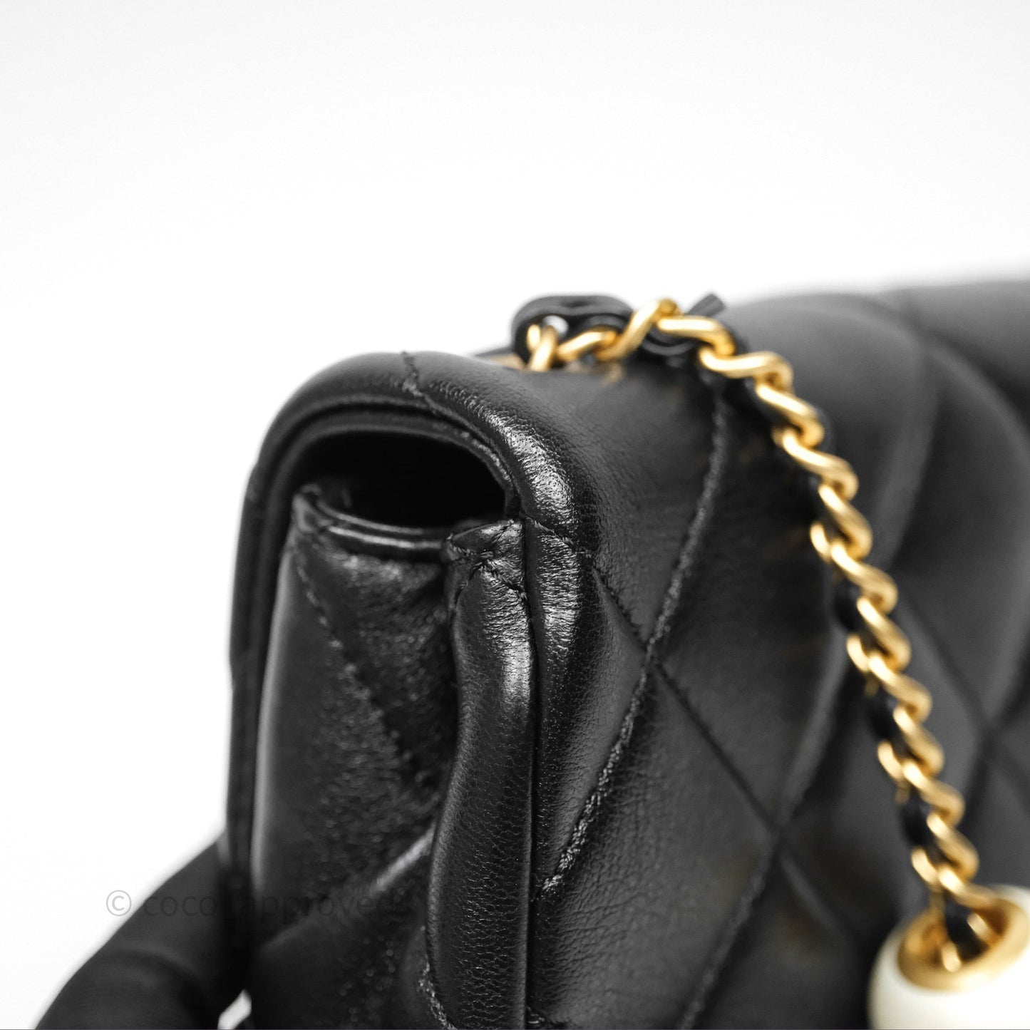 Chanel Mini Flap Bag With Pearl Black Lambskin Aged Gold Hardware