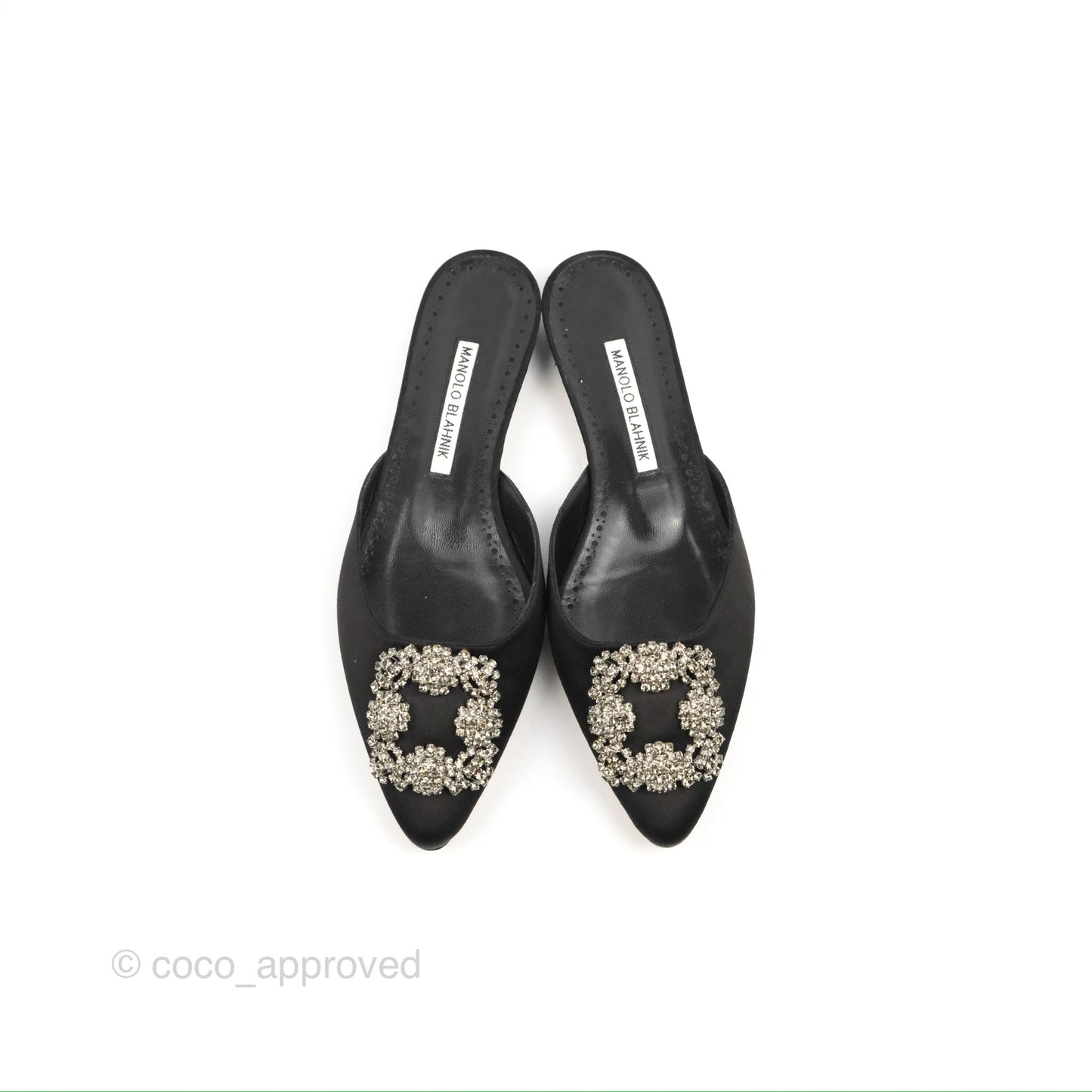Manolo Blahnik Black Satin Hangisi Jewel Buckle Flat Mules Size36