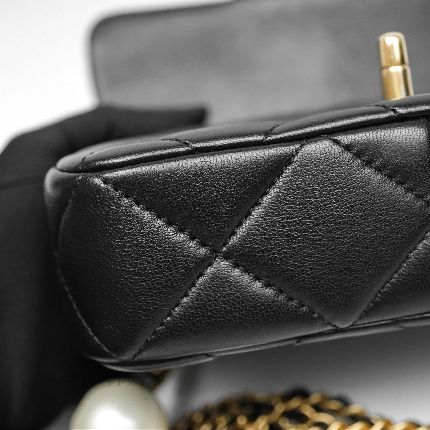 Chanel Mini Flap Bag With Pearl Black Lambskin Aged Gold Hardware