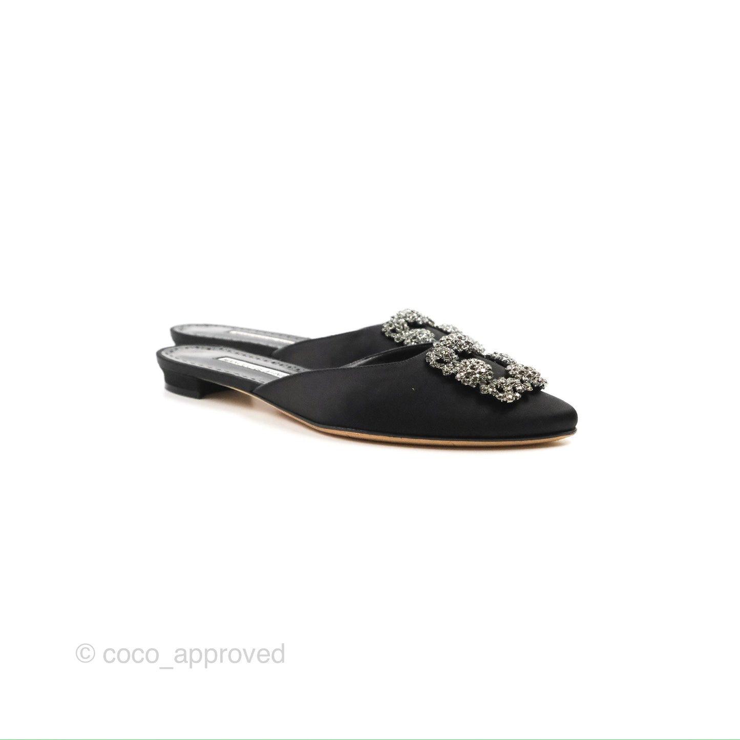 Manolo Blahnik Black Satin Hangisi Jewel Buckle Flat Mules Size36