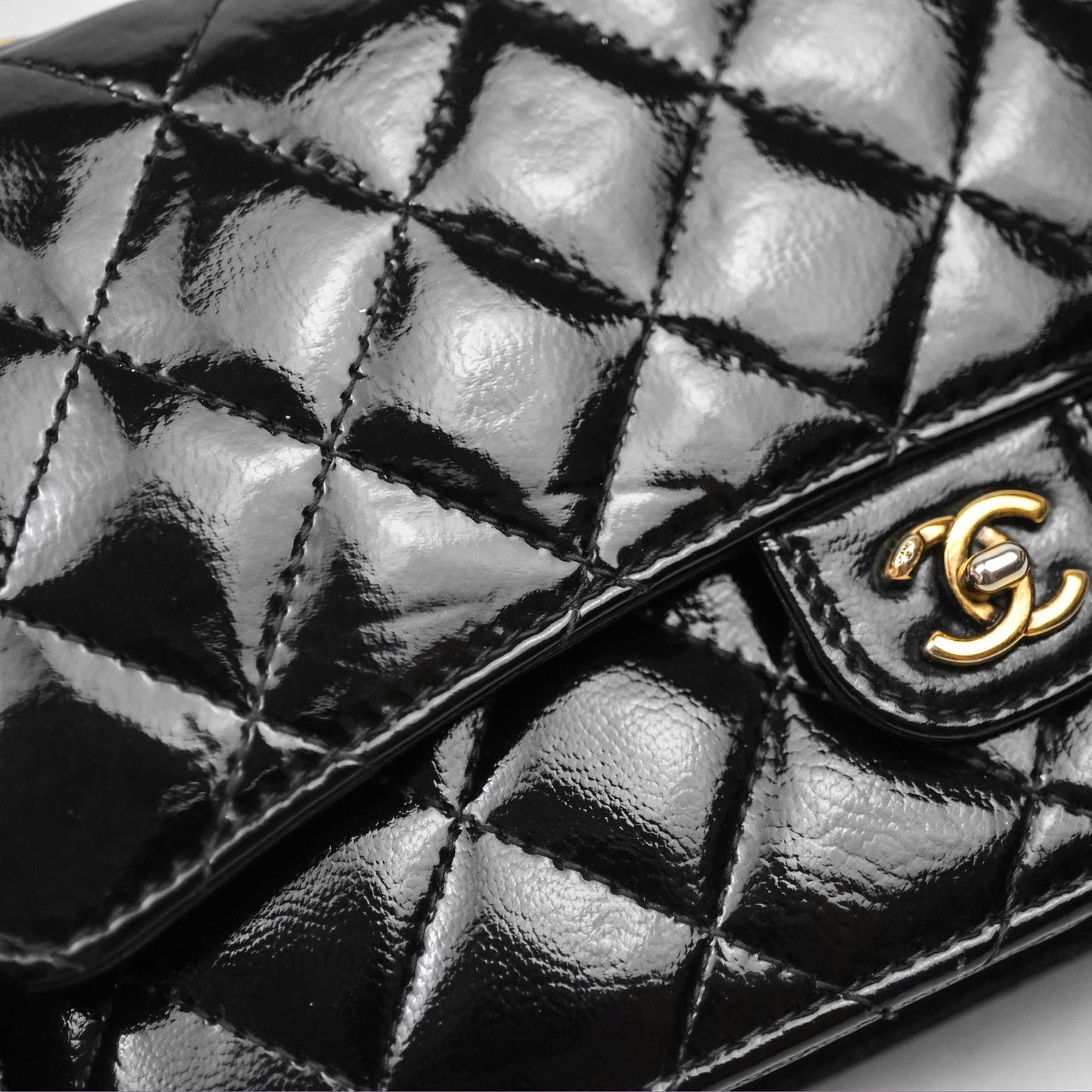Chanel Quilted CC Logo Wallet On Chain Black Shiny Crumpled Calfskin Aged Gold Hardware