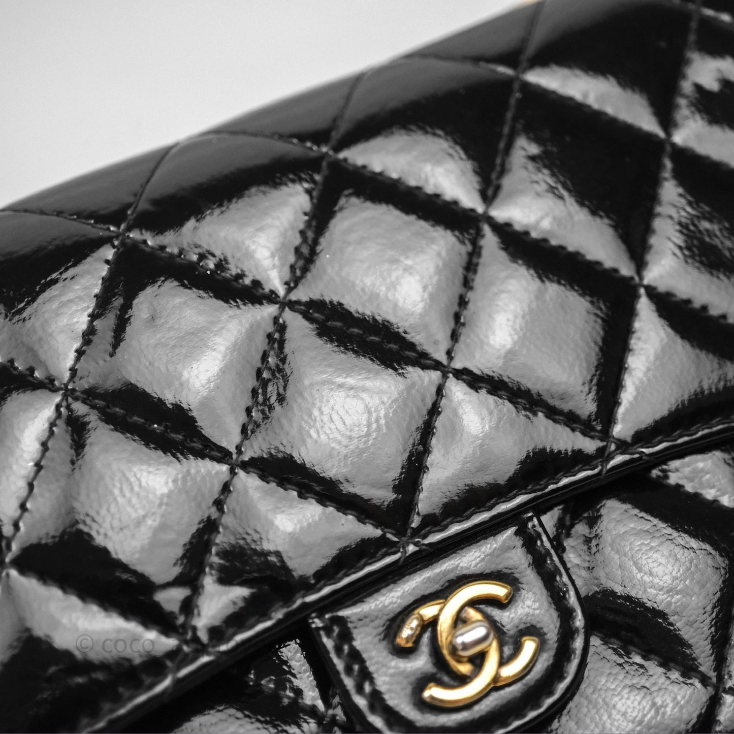 Chanel Quilted CC Logo Wallet On Chain Black Shiny Crumpled Calfskin Aged Gold Hardware