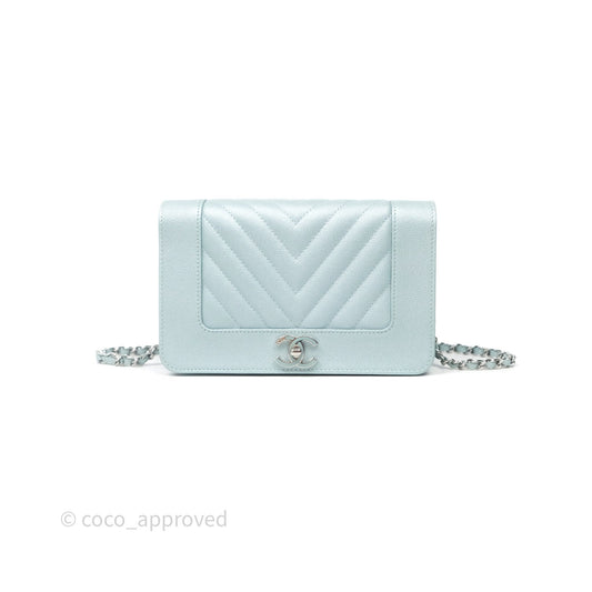 Chanel Mademoiselle Wallet On Chain WOC Chevron Iridescent Blue Caviar Silver Hardware