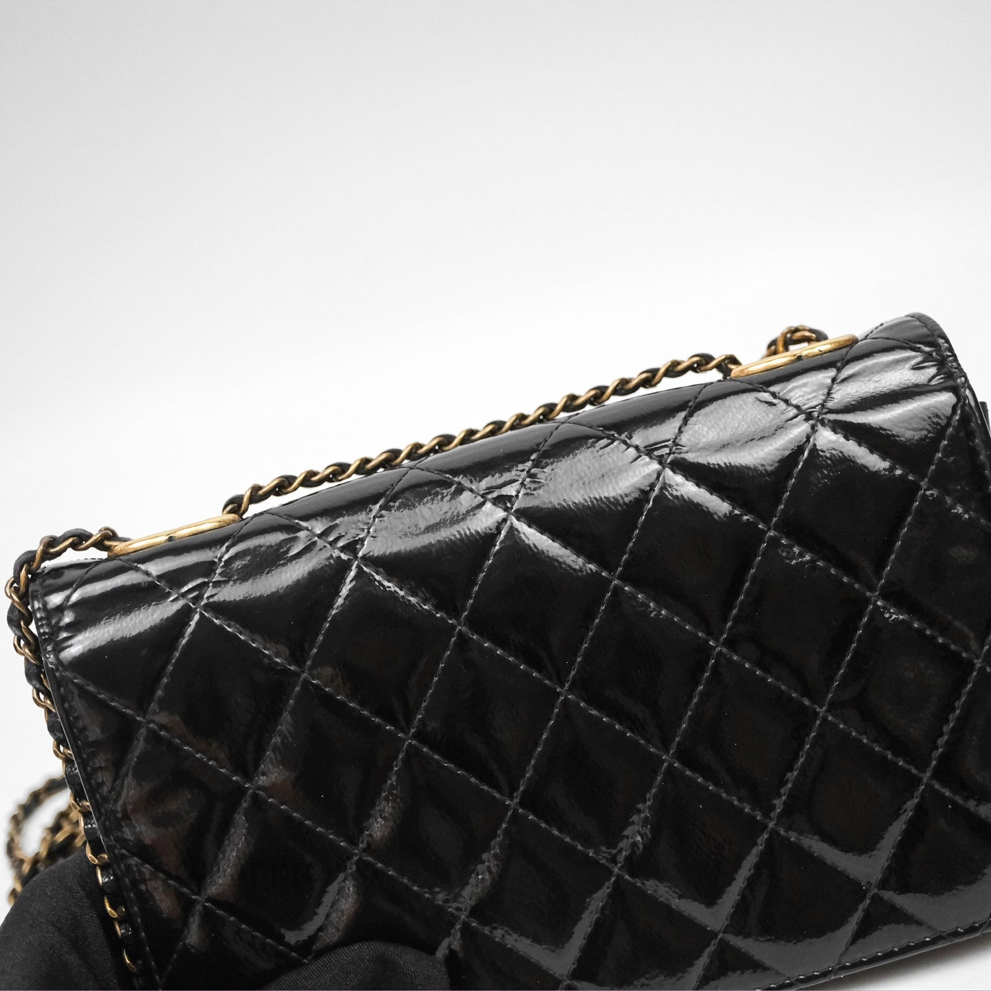 Chanel Quilted CC Logo Wallet On Chain Black Shiny Crumpled Calfskin Aged Gold Hardware