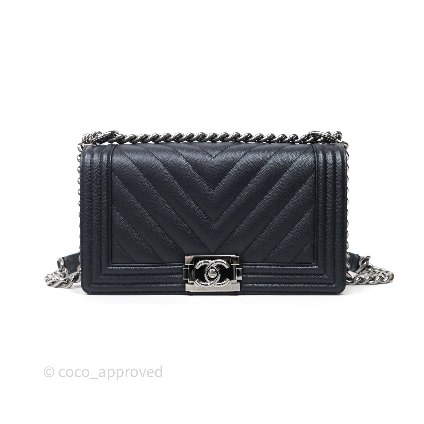 Chanel Medium Boy Chevron Dark Navy Caviar Silver Hardware