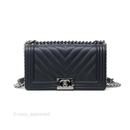 Chanel Medium Boy Chevron Dark Navy Caviar Silver Hardware