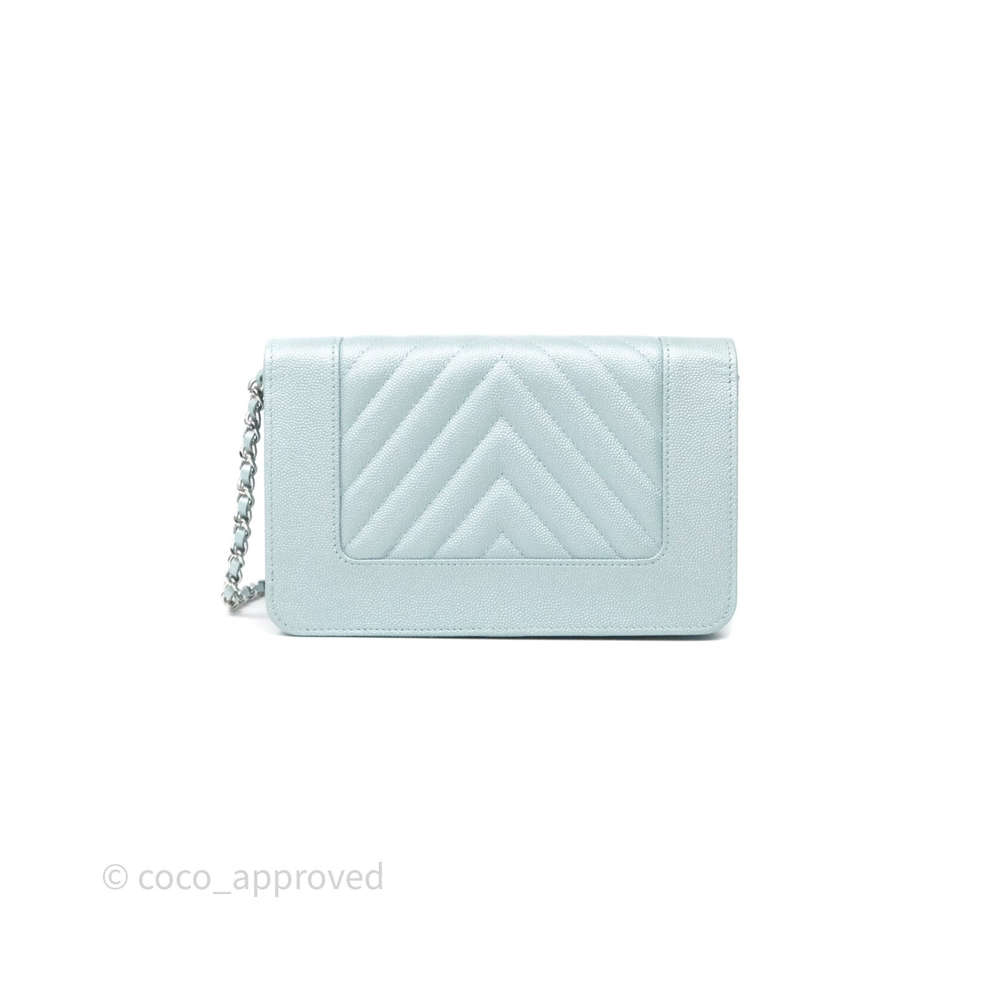 Chanel Mademoiselle Wallet On Chain WOC Chevron Iridescent Blue Caviar Silver Hardware