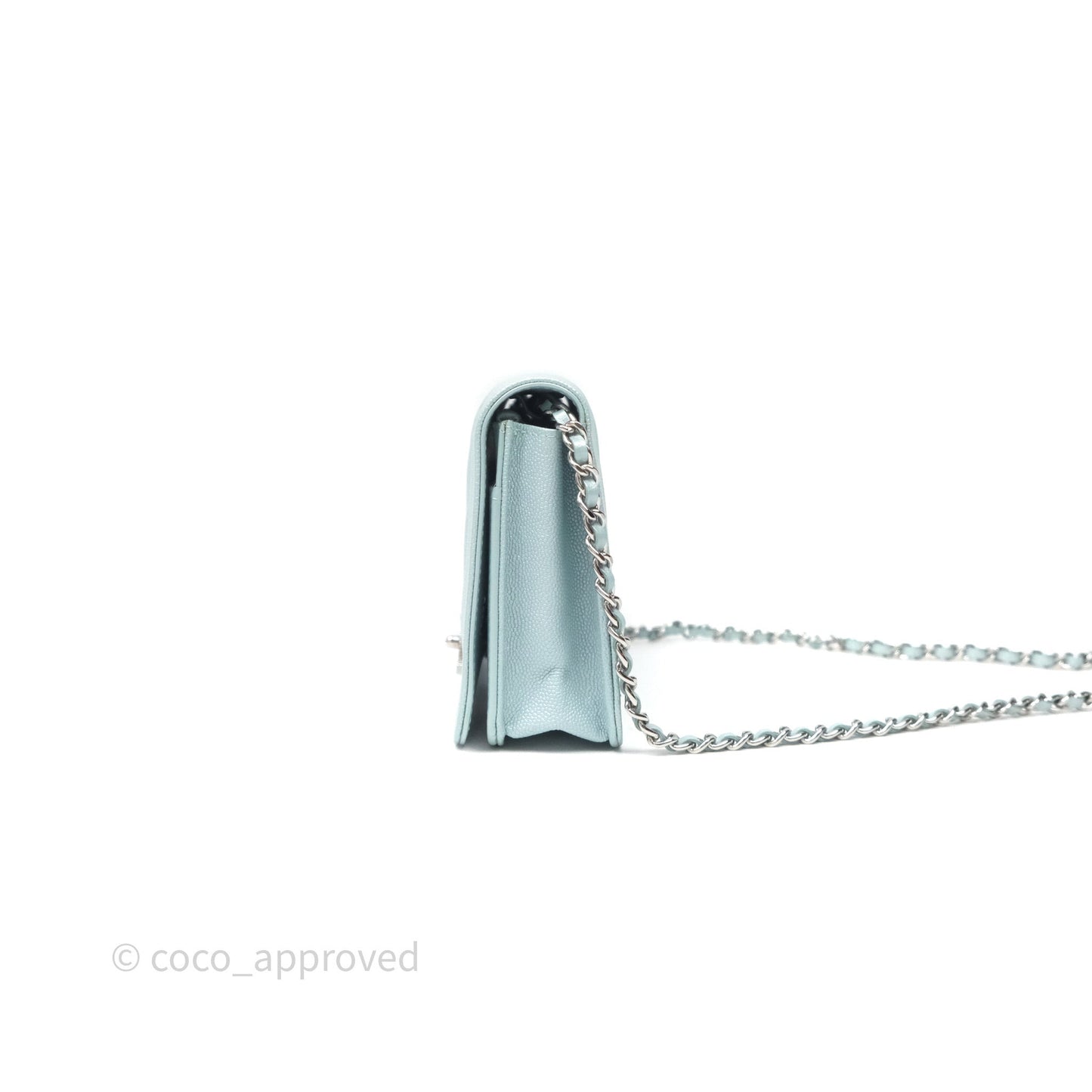 Chanel Mademoiselle Wallet On Chain WOC Chevron Iridescent Blue Caviar Silver Hardware