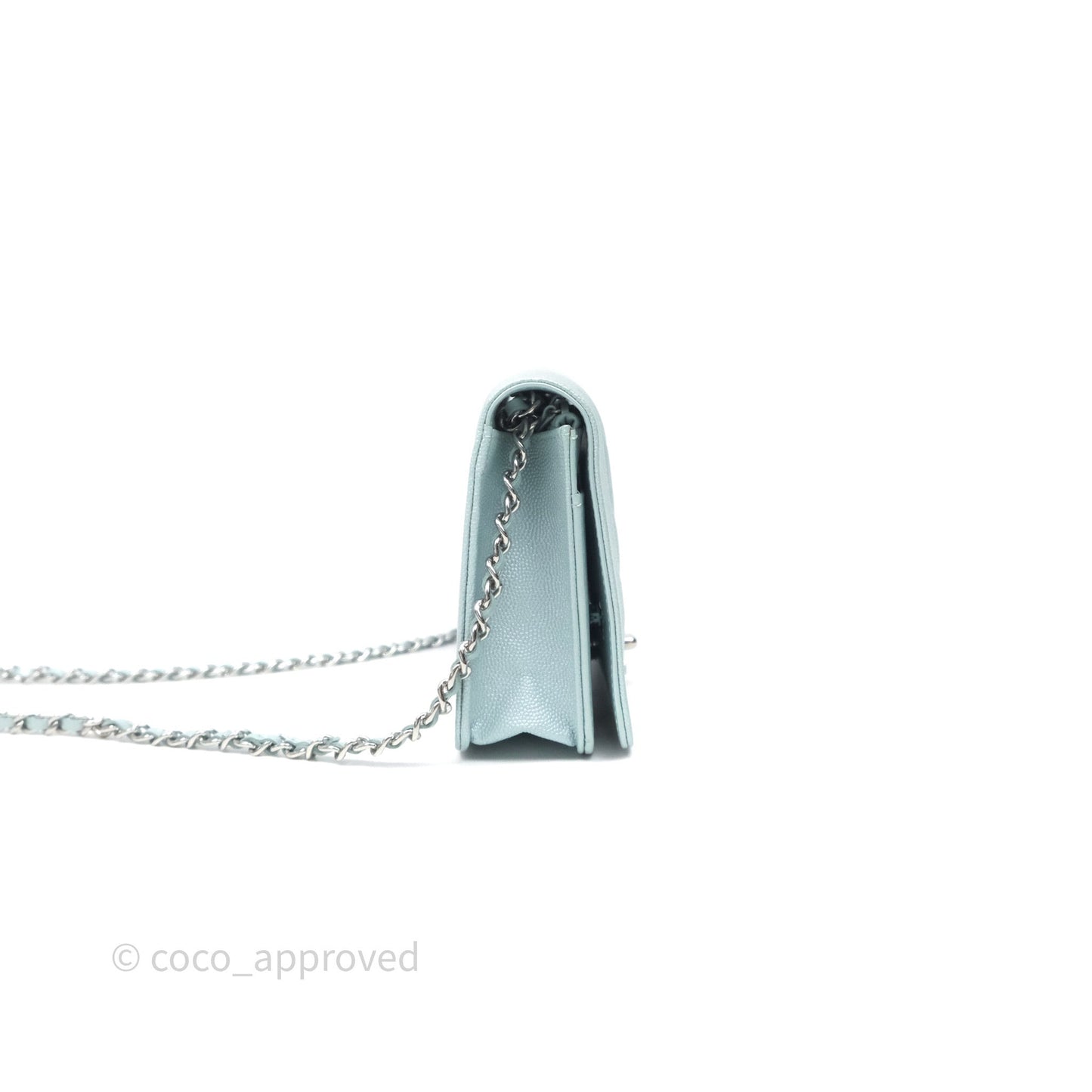 Chanel Mademoiselle Wallet On Chain WOC Chevron Iridescent Blue Caviar Silver Hardware
