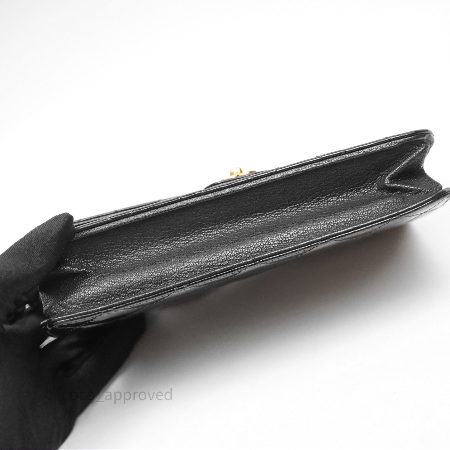 Chanel Quilted CC Logo Wallet On Chain Black Shiny Crumpled Calfskin Aged Gold Hardware