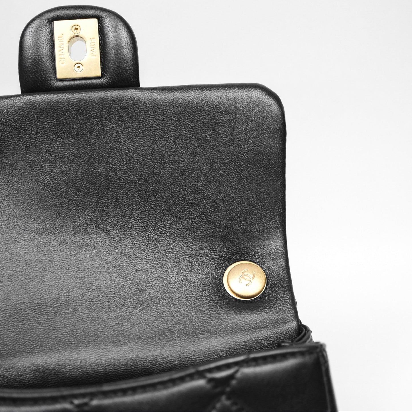 Chanel Mini Flap Bag With Pearl Black Lambskin Aged Gold Hardware