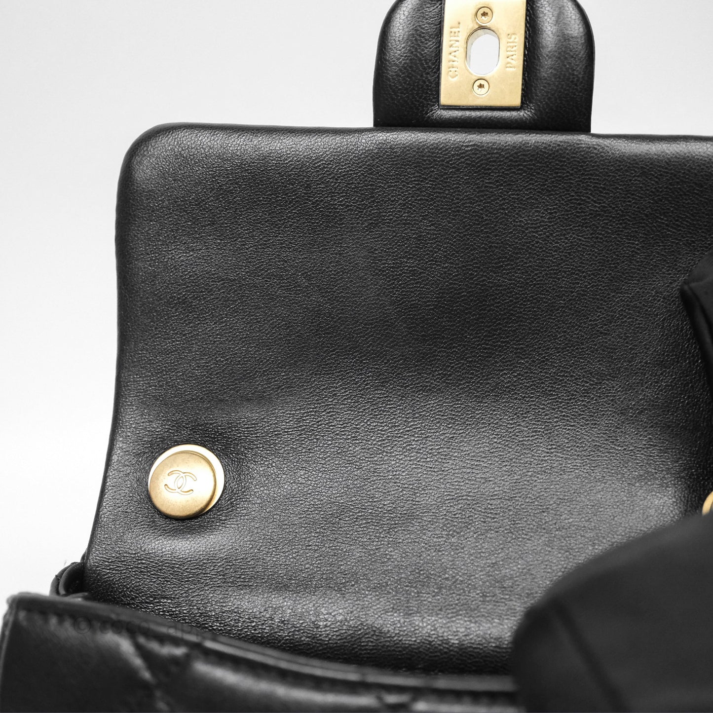 Chanel Mini Flap Bag With Pearl Black Lambskin Aged Gold Hardware