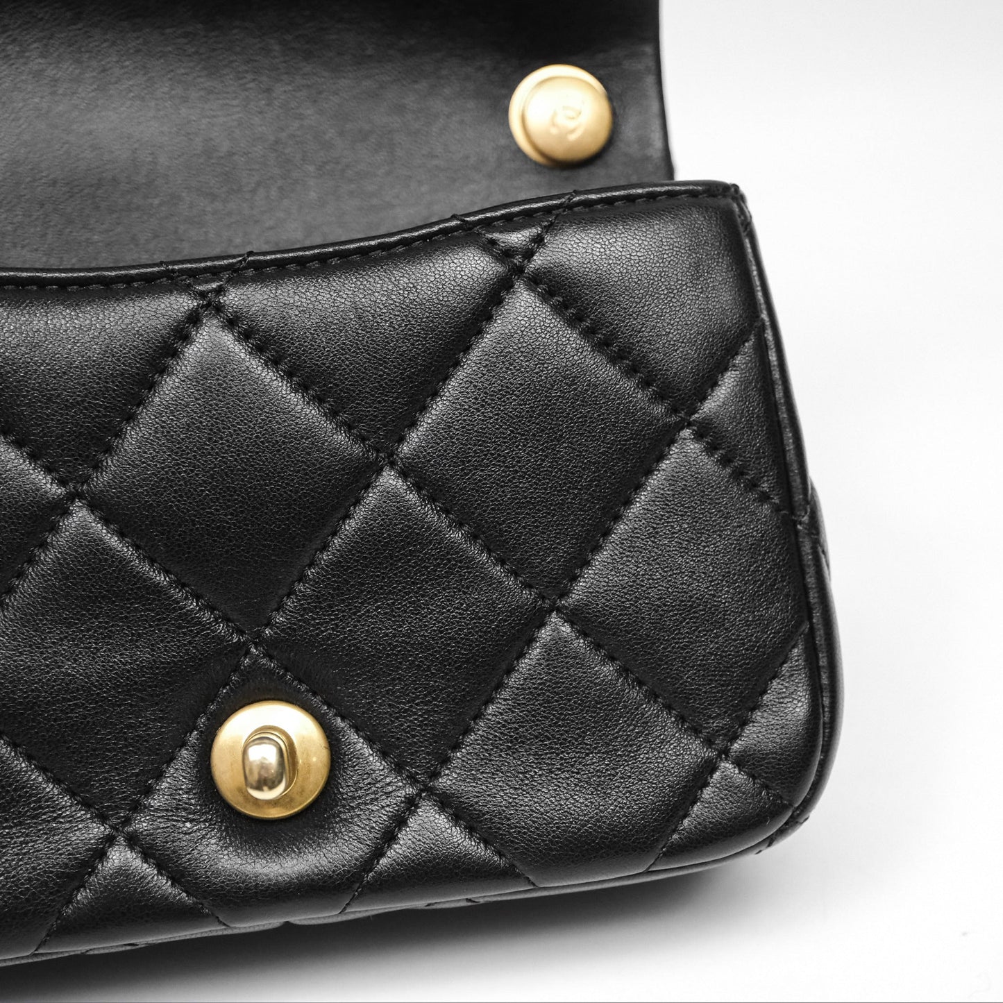 Chanel Mini Flap Bag With Pearl Black Lambskin Aged Gold Hardware