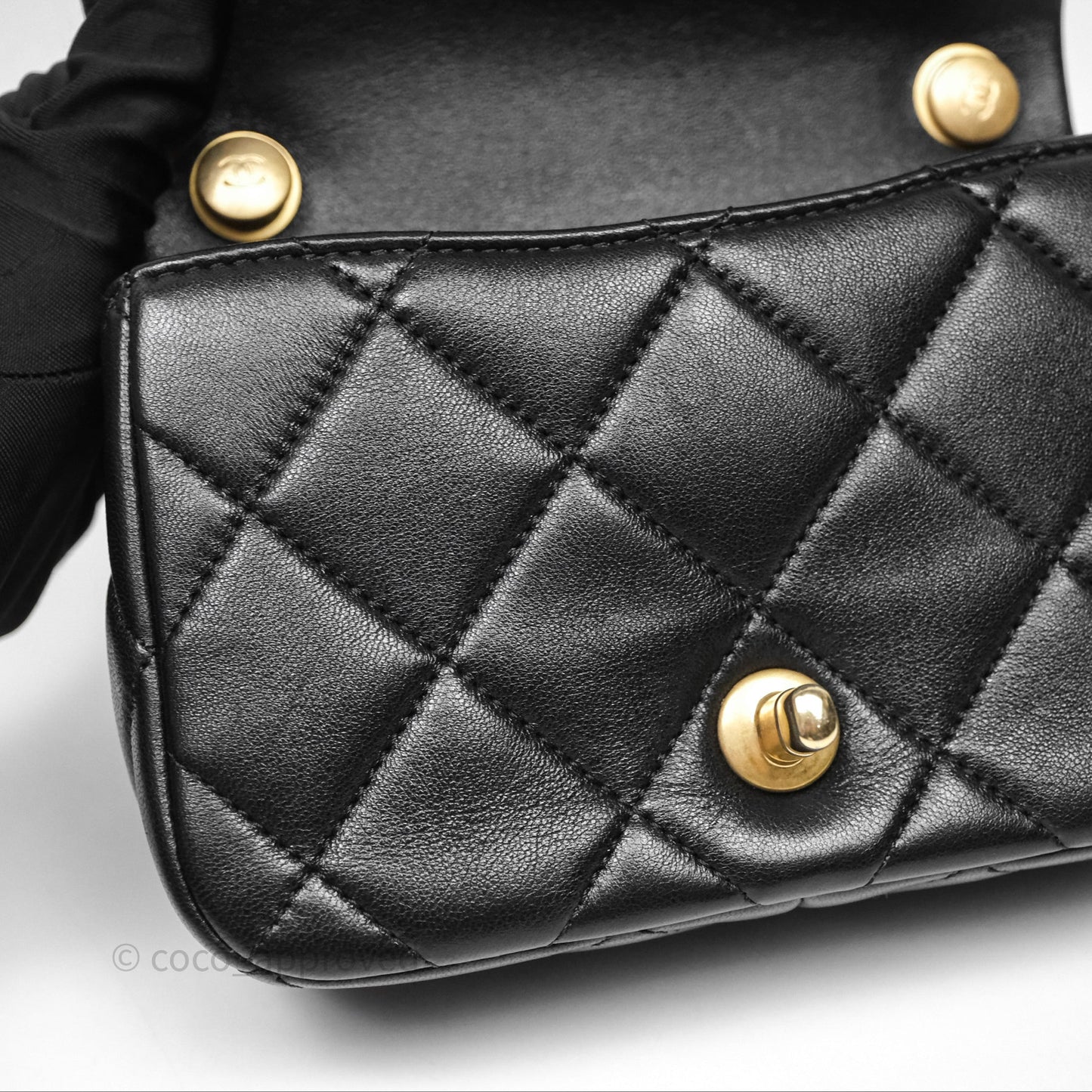 Chanel Mini Flap Bag With Pearl Black Lambskin Aged Gold Hardware