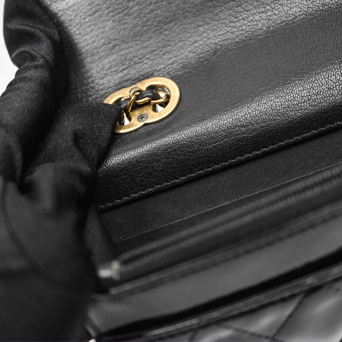 Chanel Quilted CC Logo Wallet On Chain Black Shiny Crumpled Calfskin Aged Gold Hardware