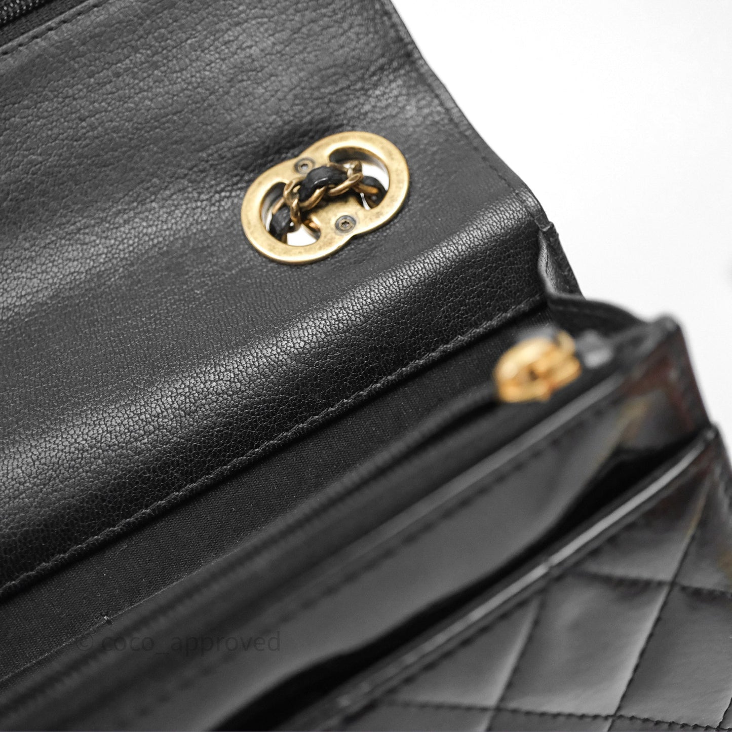 Chanel Quilted CC Logo Wallet On Chain Black Shiny Crumpled Calfskin Aged Gold Hardware