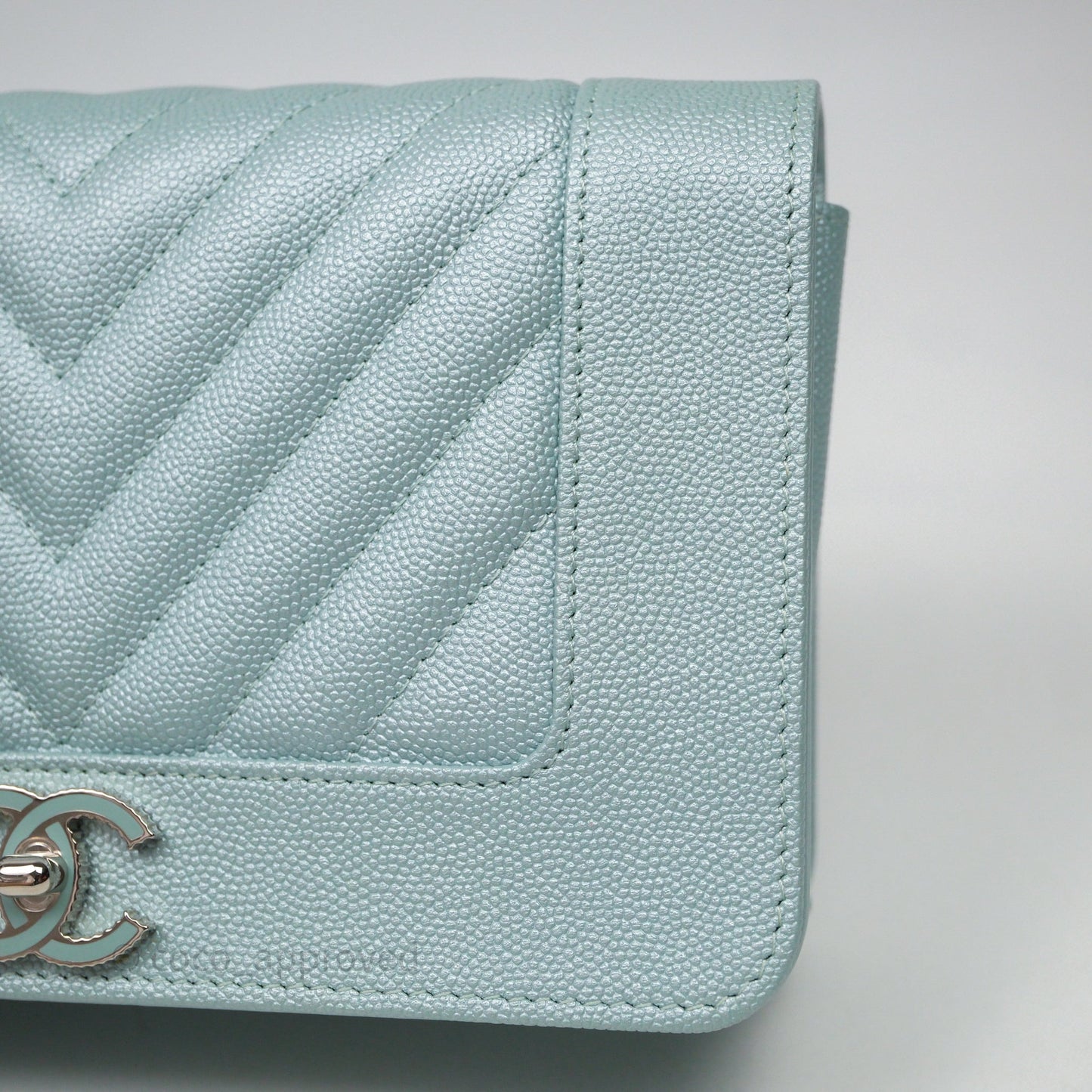 Chanel Mademoiselle Wallet On Chain WOC Chevron Iridescent Blue Caviar Silver Hardware