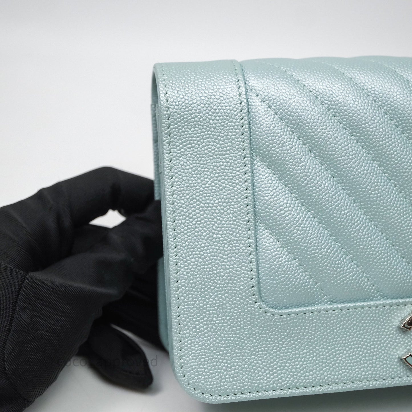 Chanel Mademoiselle Wallet On Chain WOC Chevron Iridescent Blue Caviar Silver Hardware