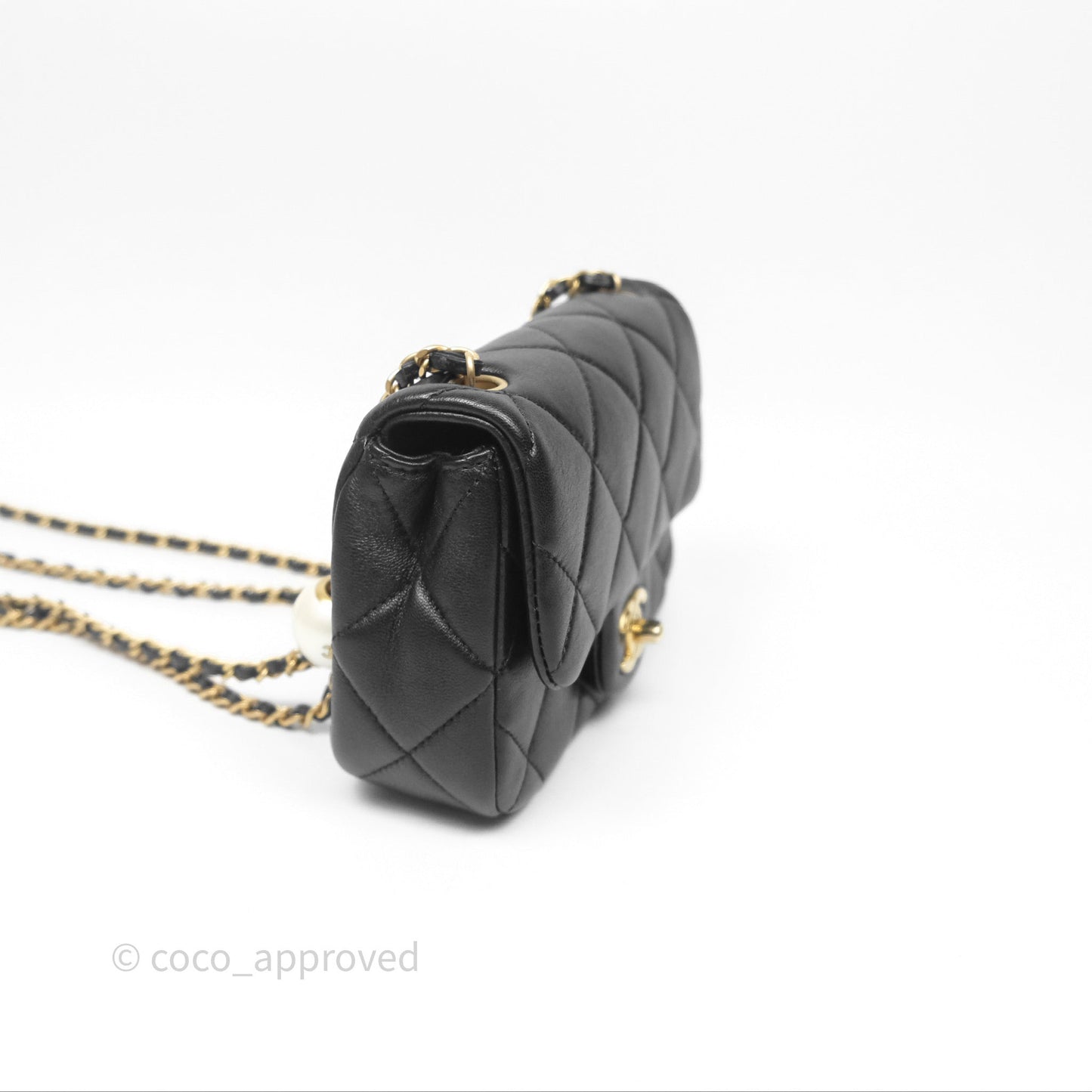 Chanel Mini Flap Bag With Pearl Black Lambskin Aged Gold Hardware