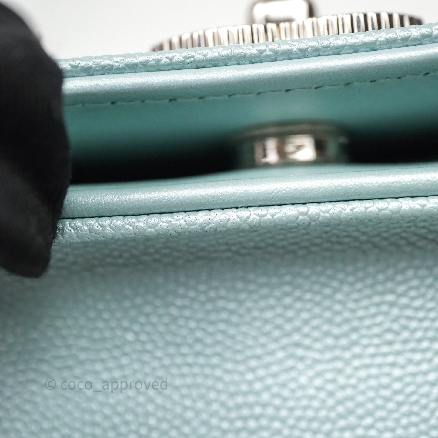 Chanel Mademoiselle Wallet On Chain WOC Chevron Iridescent Blue Caviar Silver Hardware