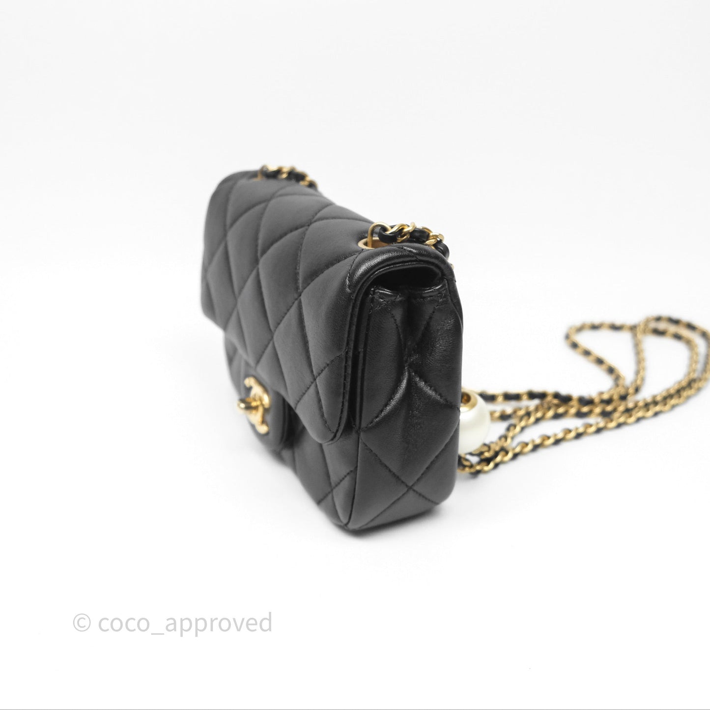 Chanel Mini Flap Bag With Pearl Black Lambskin Aged Gold Hardware