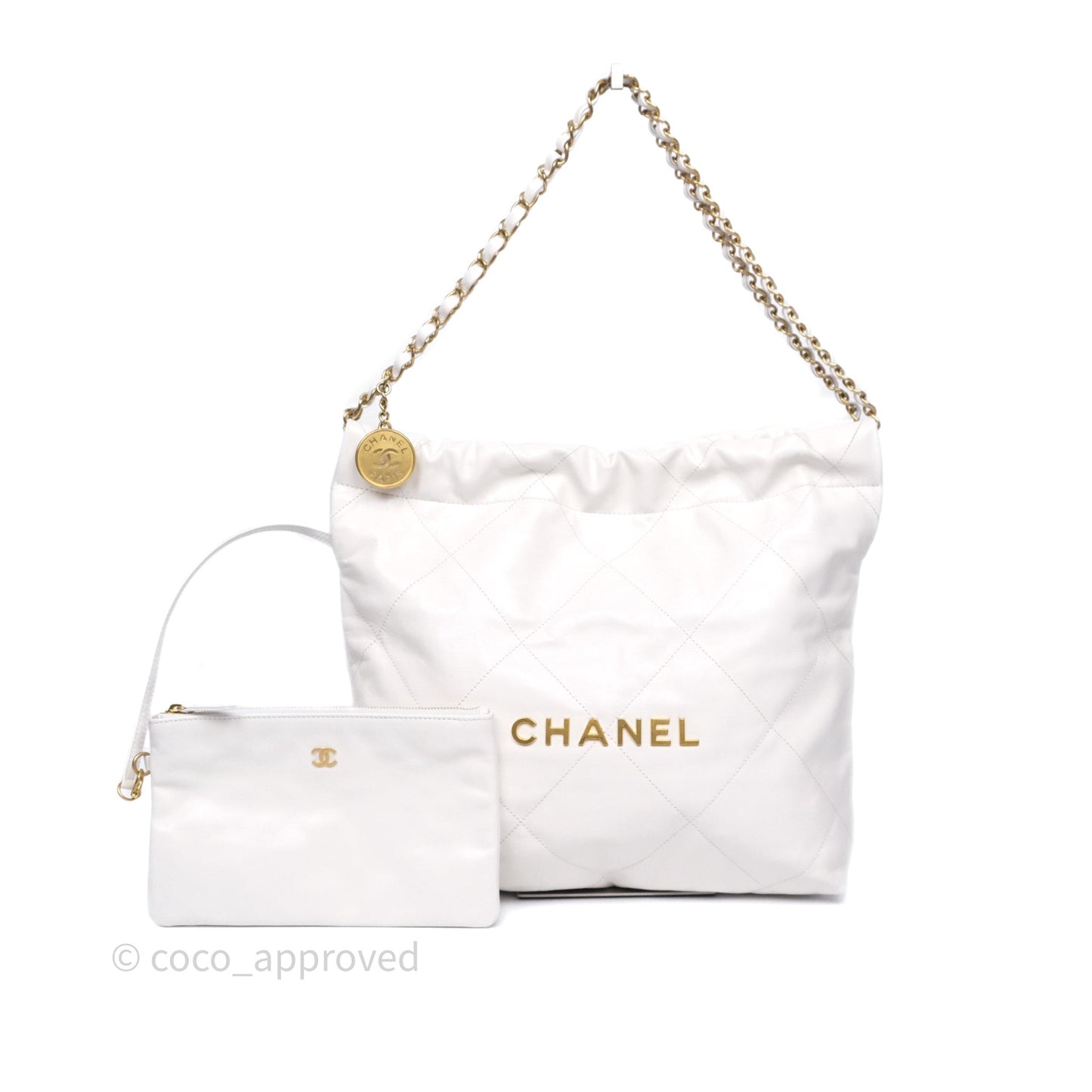 Chanel 22 Small White Shiny Calfskin Aged Gold Hardware