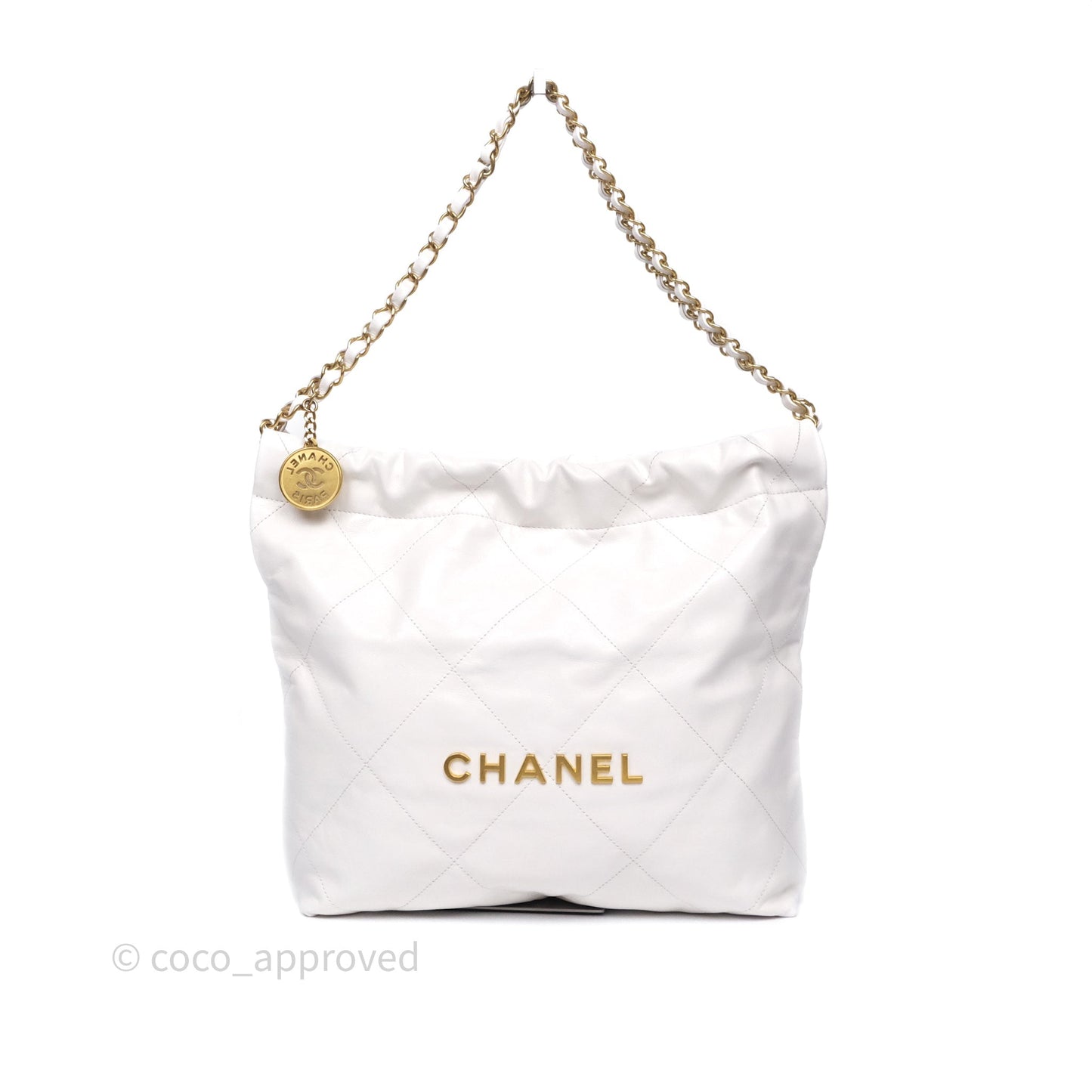 Chanel 22 Small White Shiny Calfskin Aged Gold Hardware