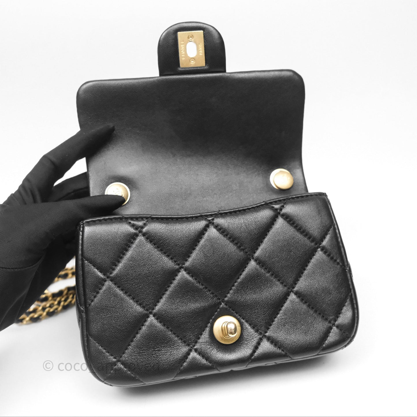 Chanel Mini Flap Bag With Pearl Black Lambskin Aged Gold Hardware