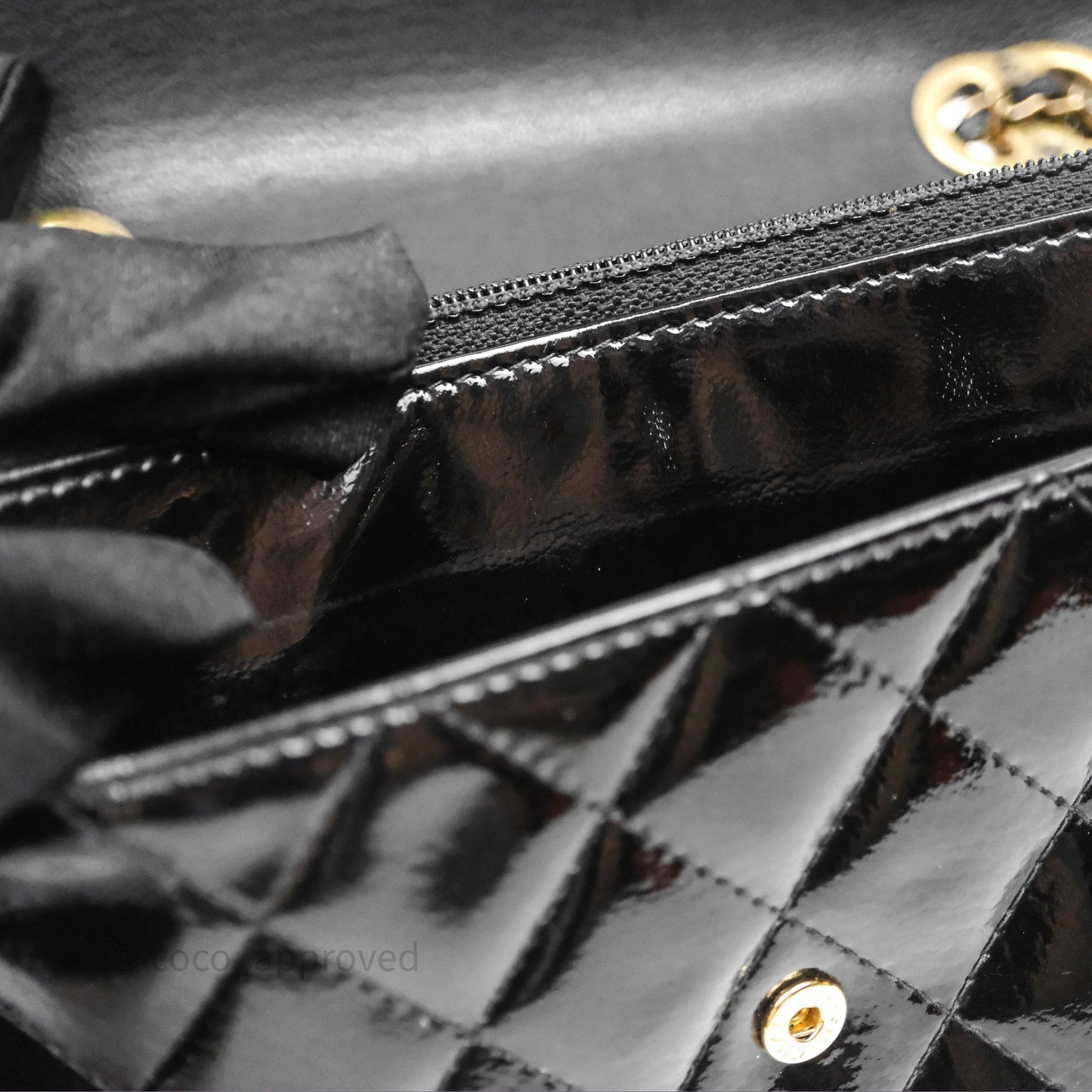 Chanel Quilted CC Logo Wallet On Chain Black Shiny Crumpled Calfskin Aged Gold Hardware