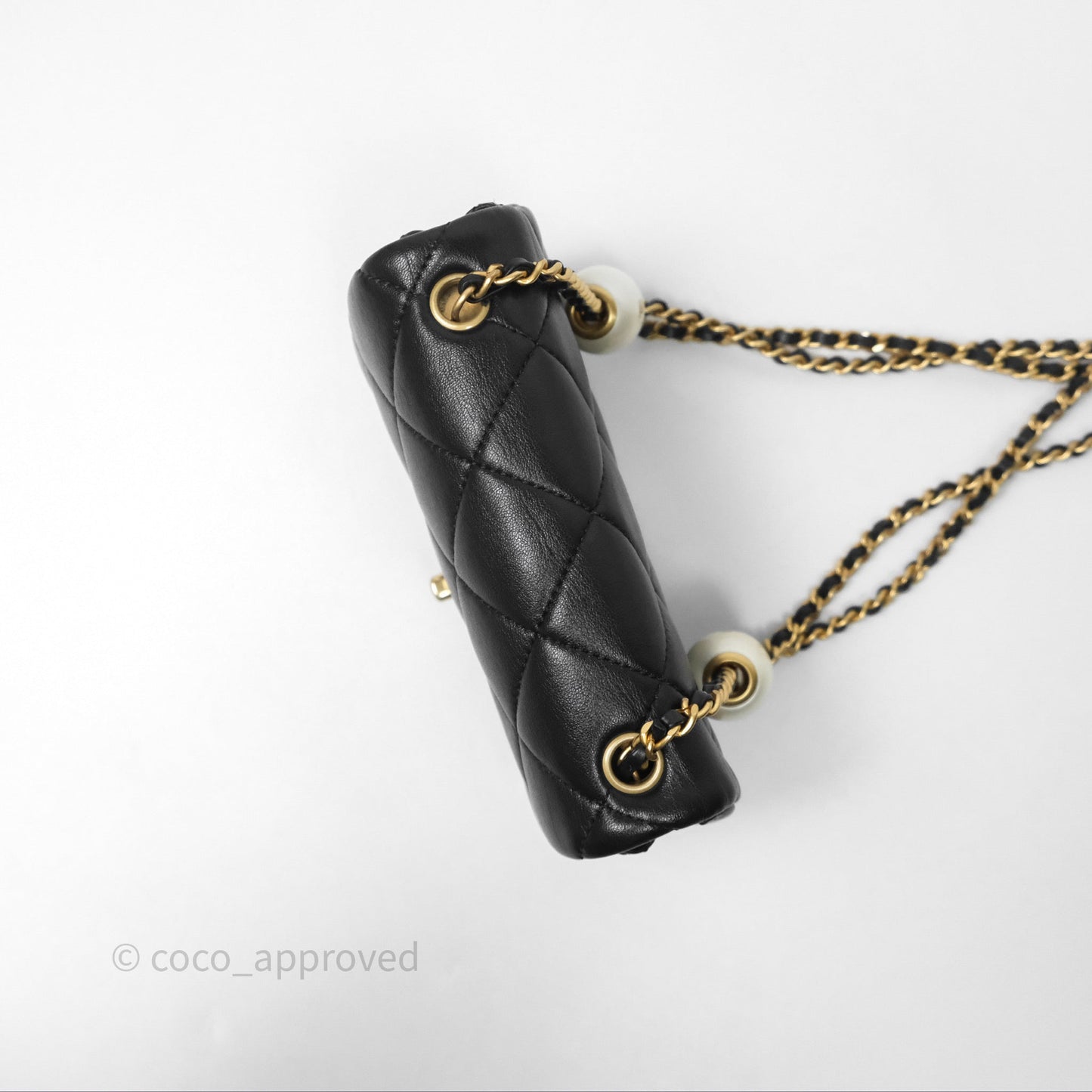 Chanel Mini Flap Bag With Pearl Black Lambskin Aged Gold Hardware