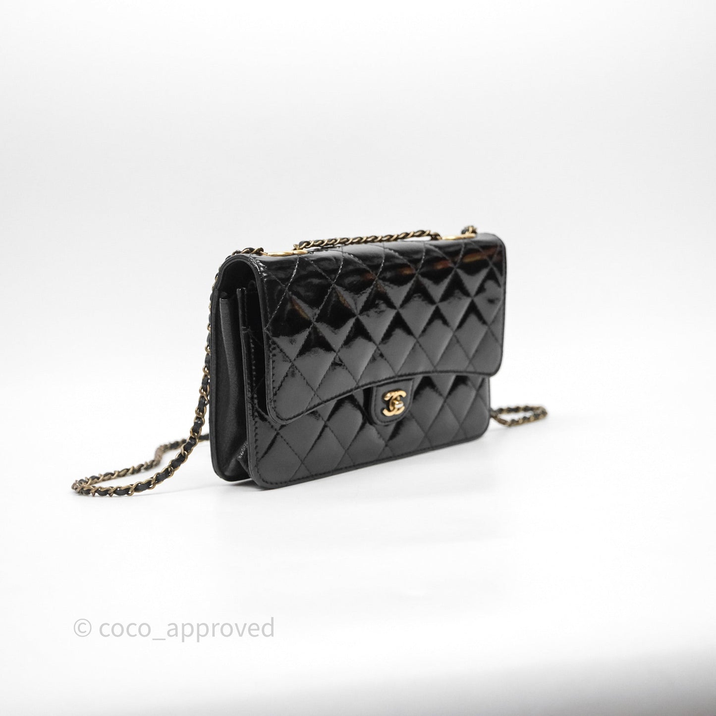Chanel Quilted CC Logo Wallet On Chain Black Shiny Crumpled Calfskin Aged Gold Hardware
