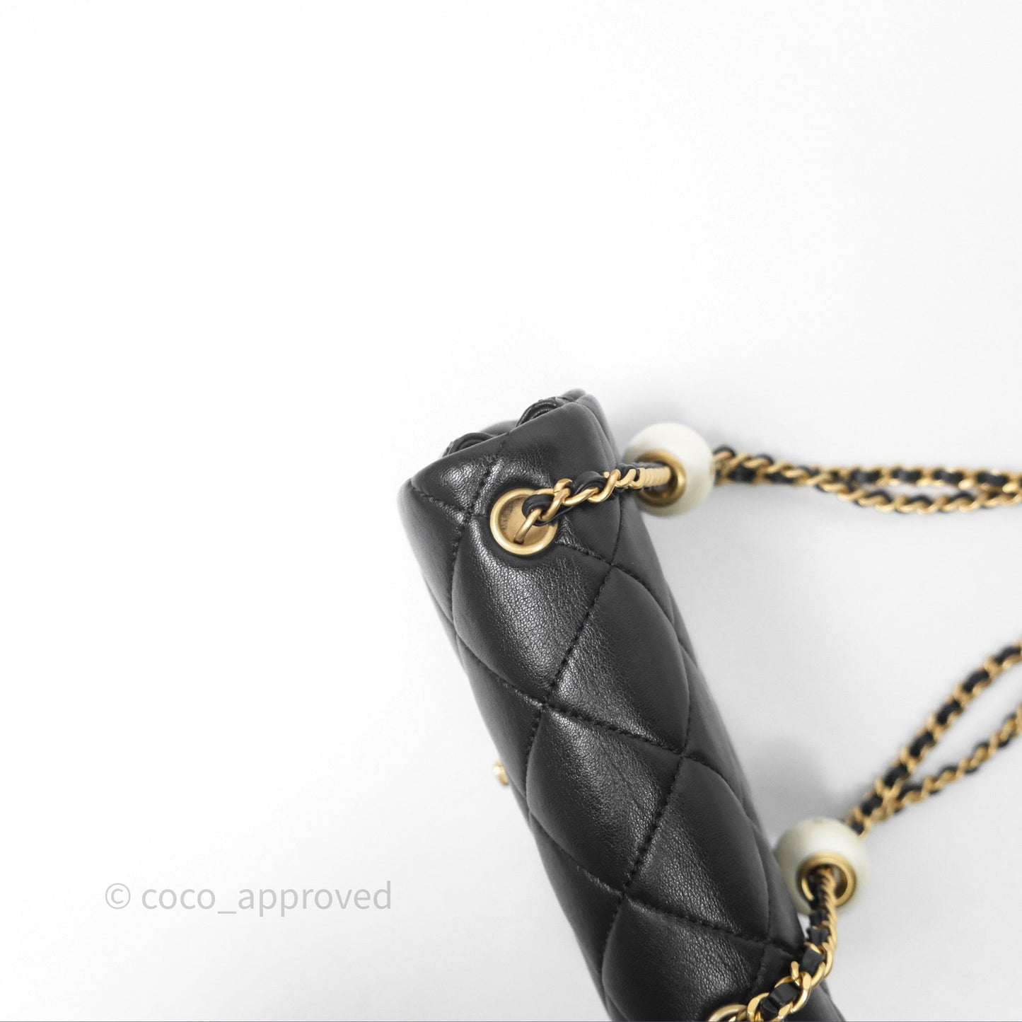 Chanel Mini Flap Bag With Pearl Black Lambskin Aged Gold Hardware