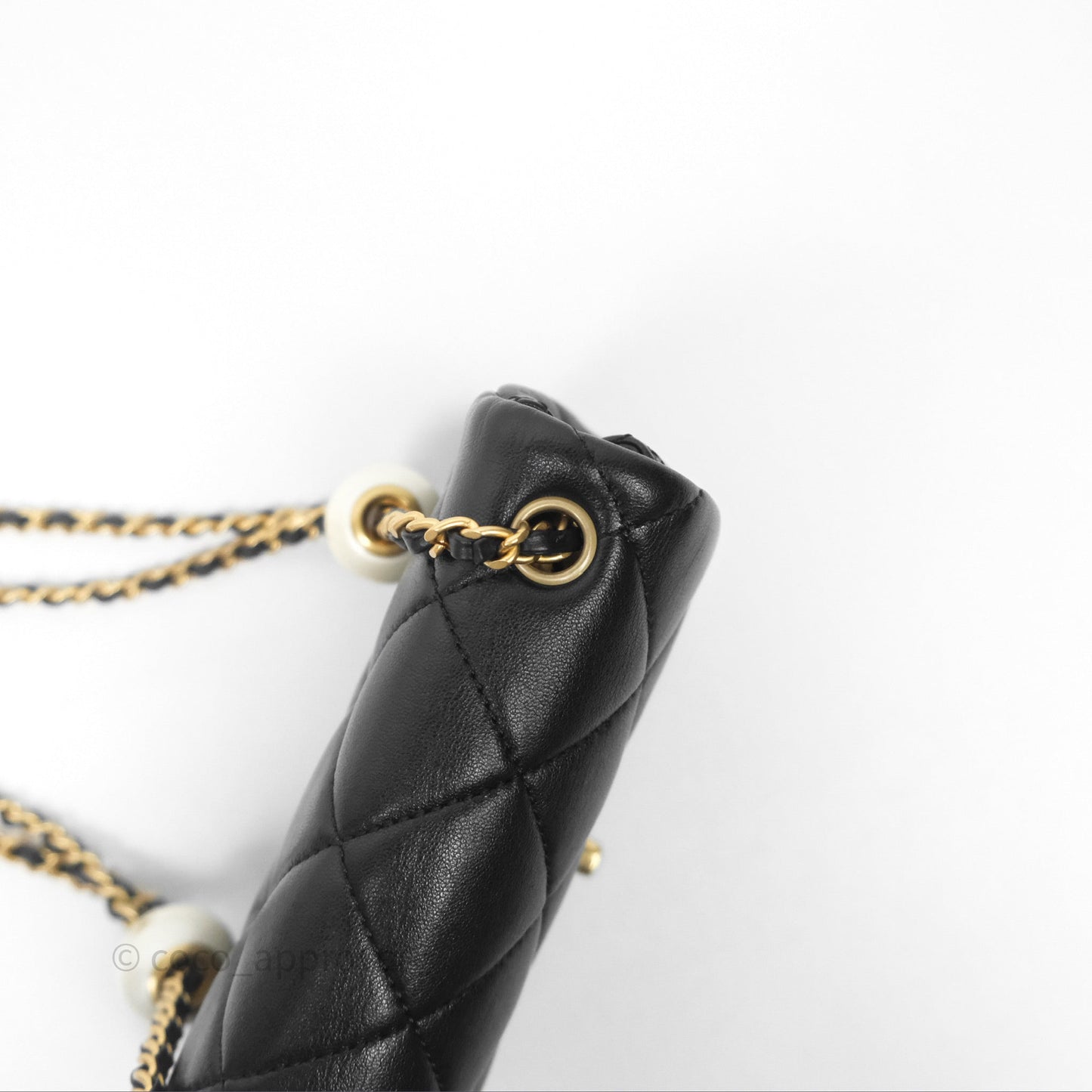 Chanel Mini Flap Bag With Pearl Black Lambskin Aged Gold Hardware