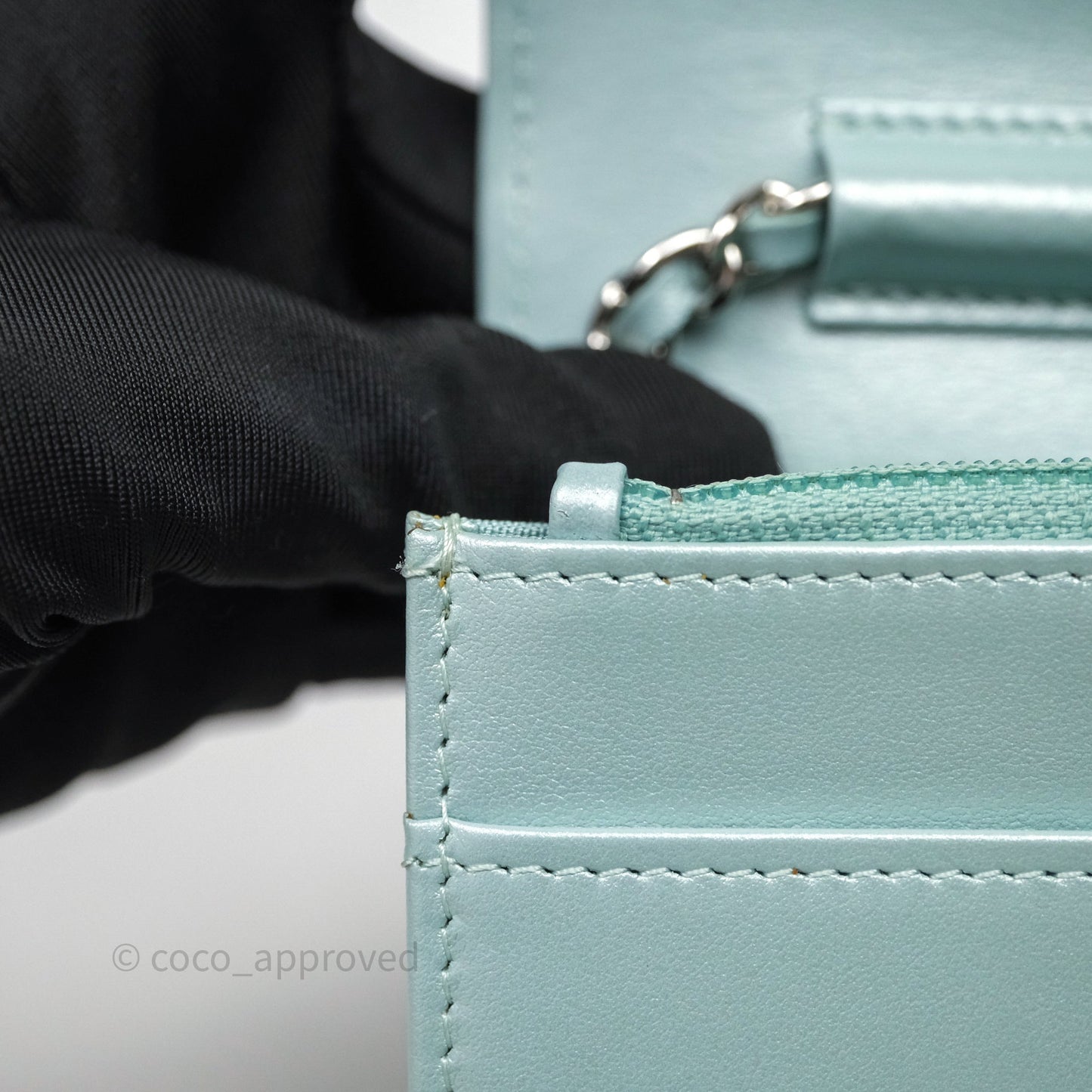 Chanel Mademoiselle Wallet On Chain WOC Chevron Iridescent Blue Caviar Silver Hardware