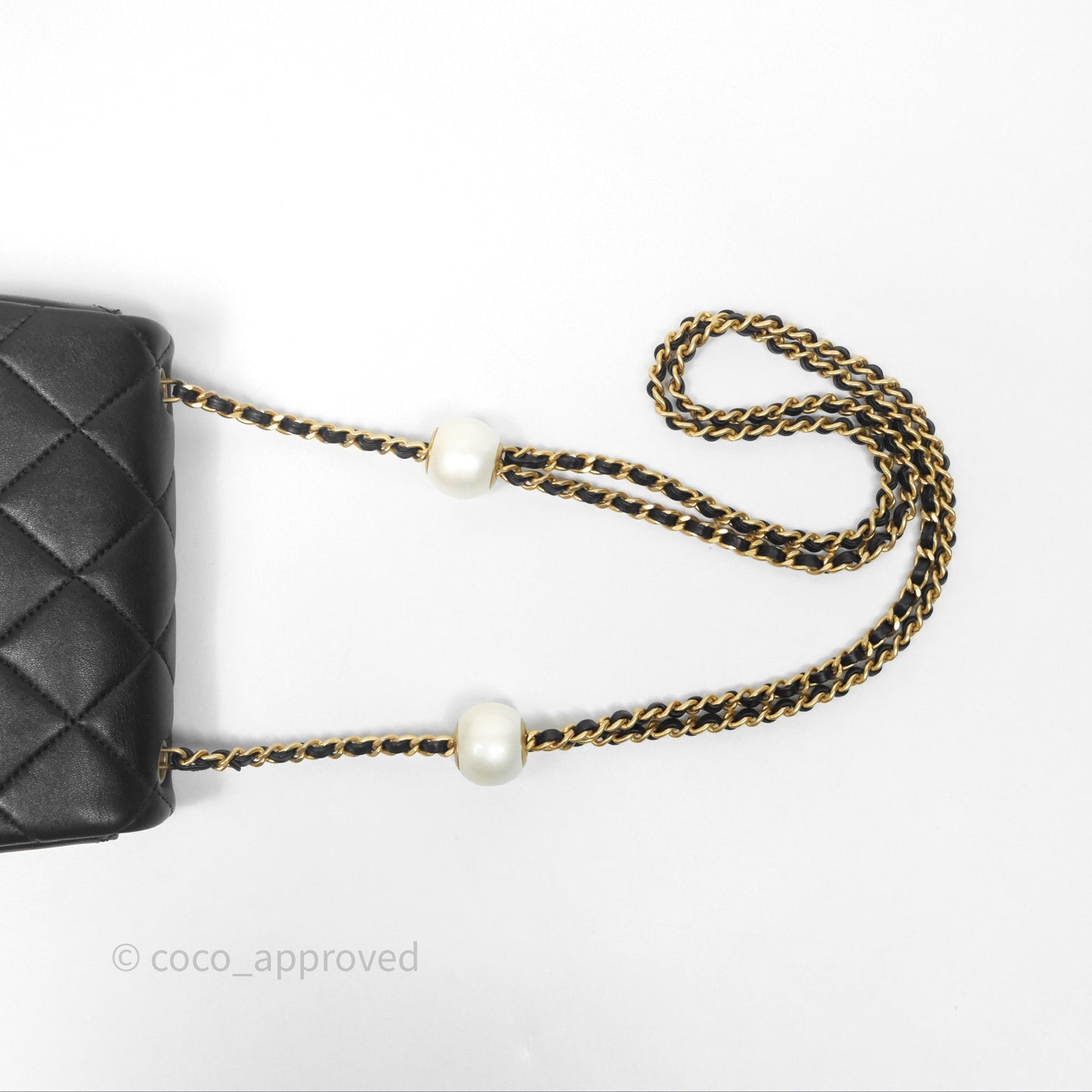 Chanel Mini Flap Bag With Pearl Black Lambskin Aged Gold Hardware