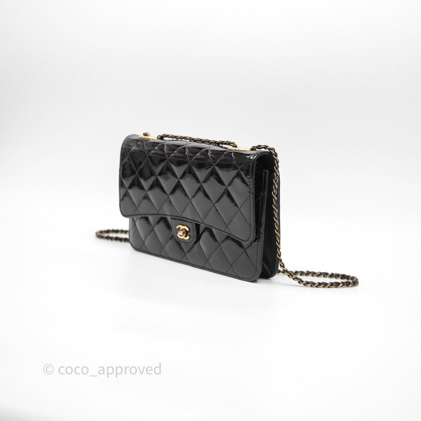 Chanel Quilted CC Logo Wallet On Chain Black Shiny Crumpled Calfskin Aged Gold Hardware