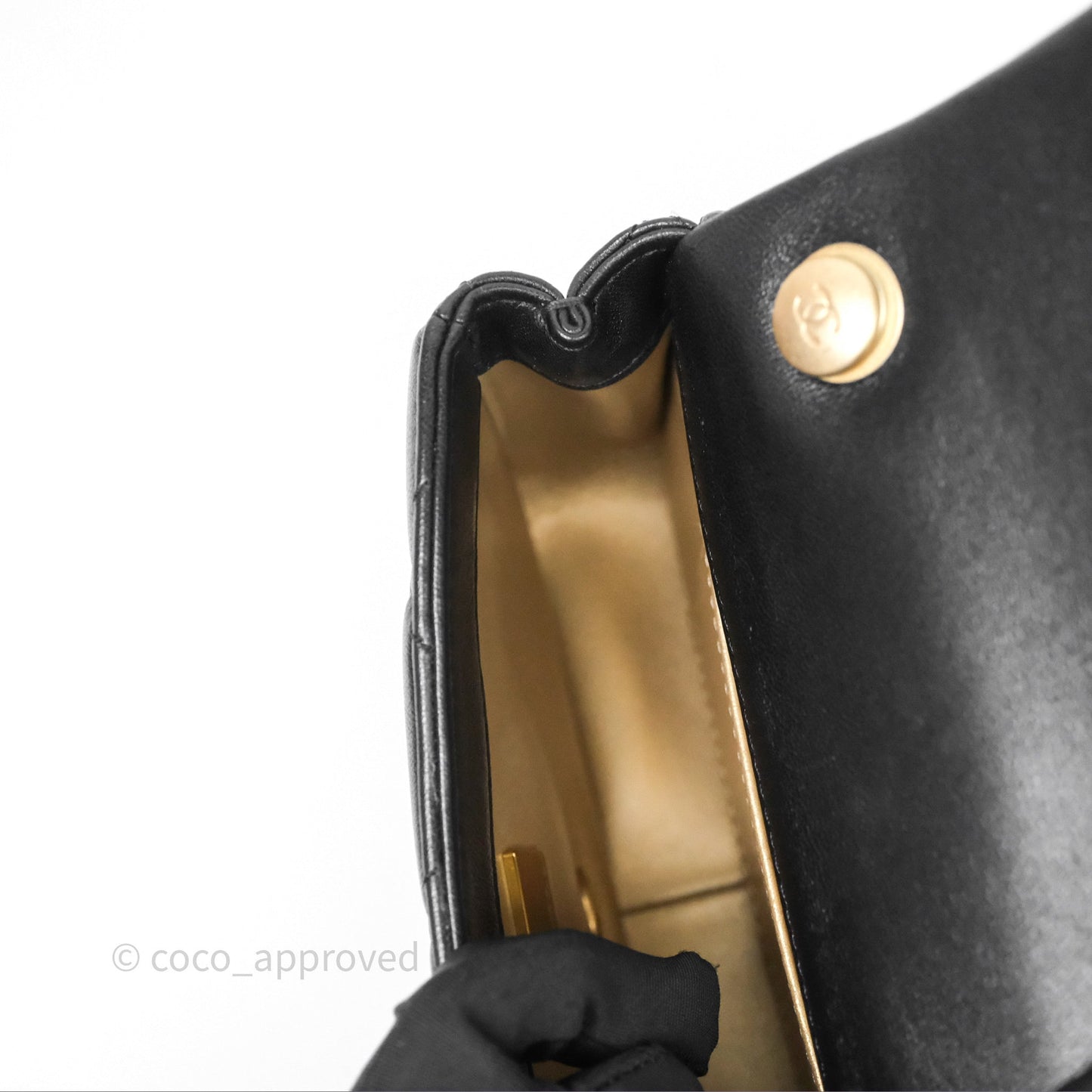 Chanel Mini Flap Bag With Pearl Black Lambskin Aged Gold Hardware