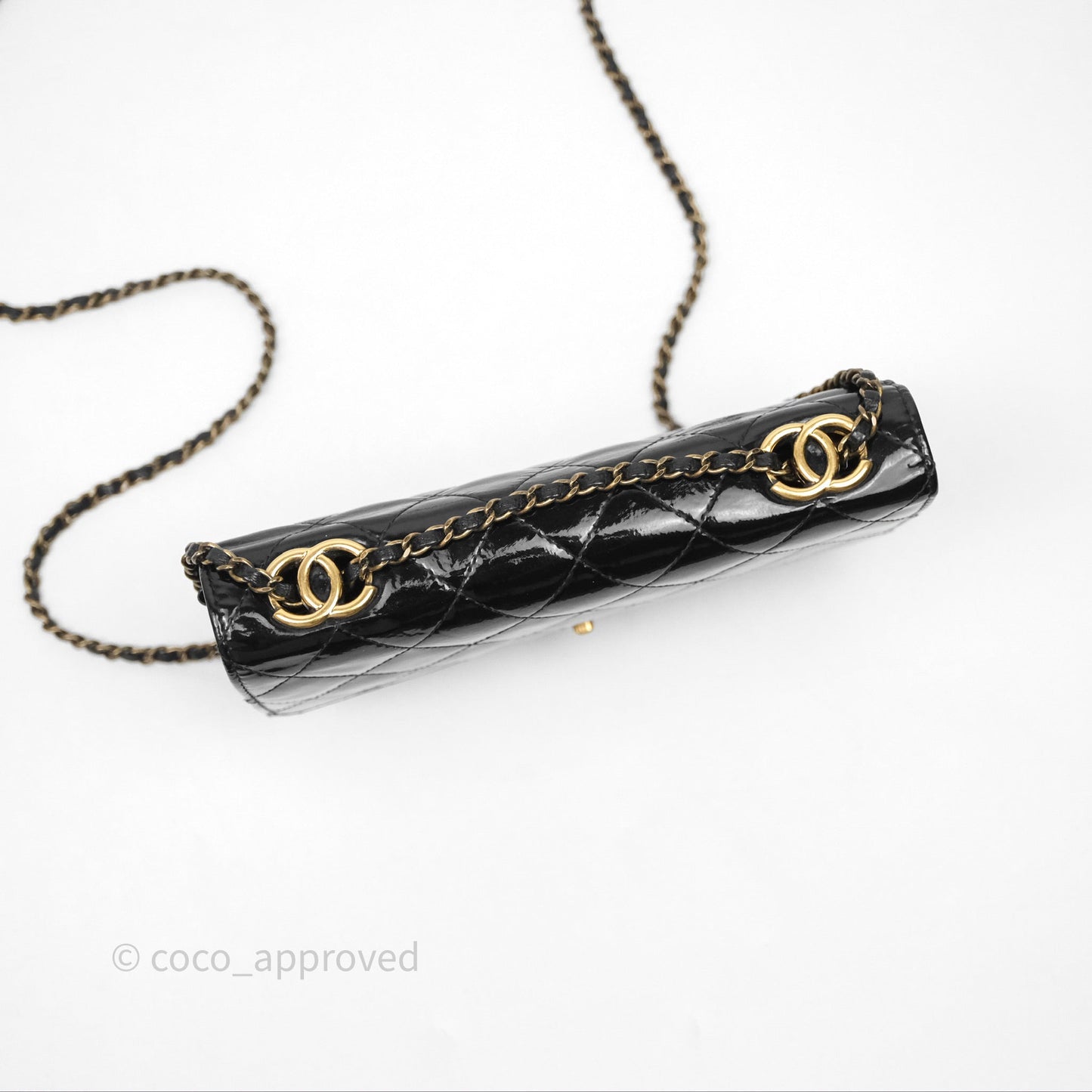 Chanel Quilted CC Logo Wallet On Chain Black Shiny Crumpled Calfskin Aged Gold Hardware