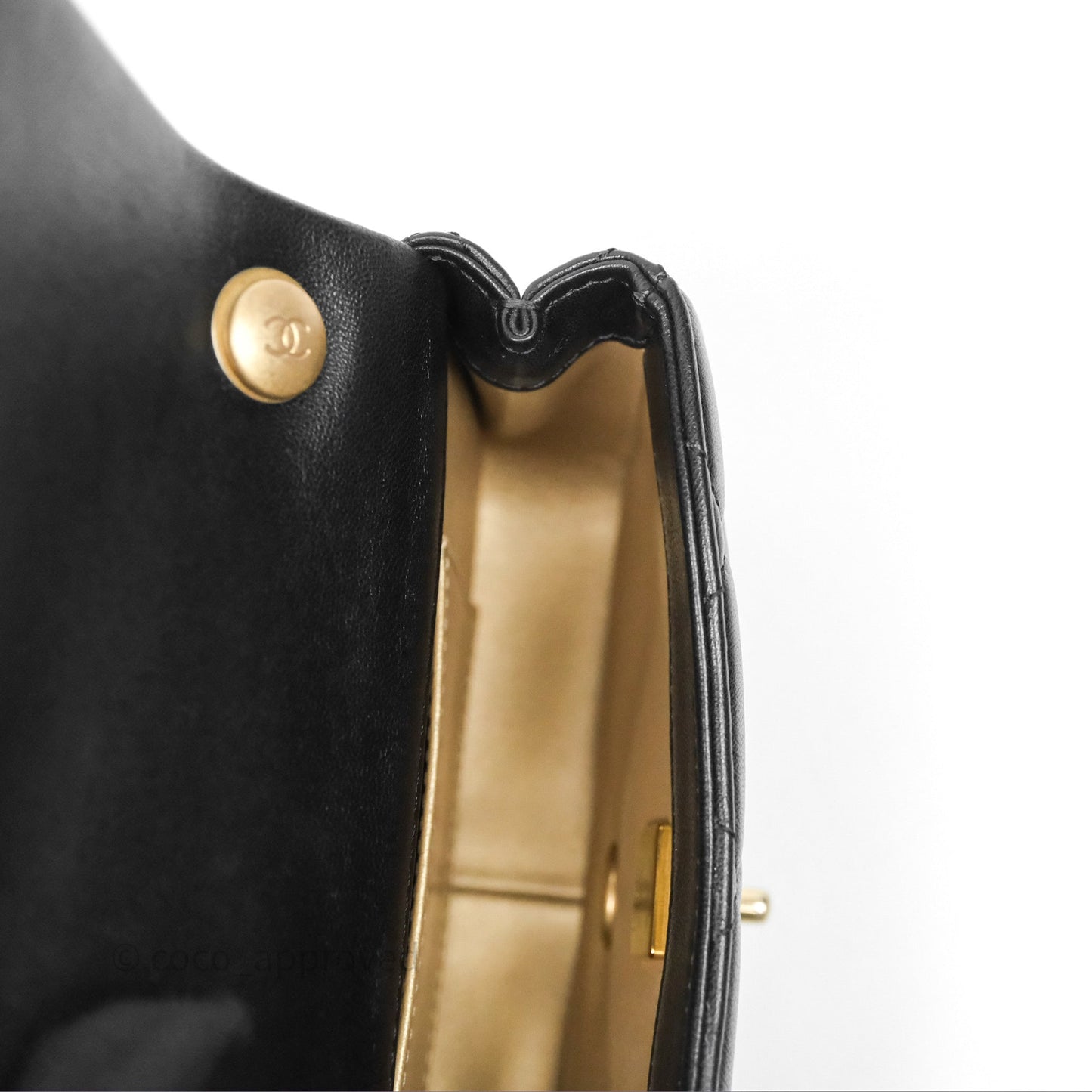 Chanel Mini Flap Bag With Pearl Black Lambskin Aged Gold Hardware